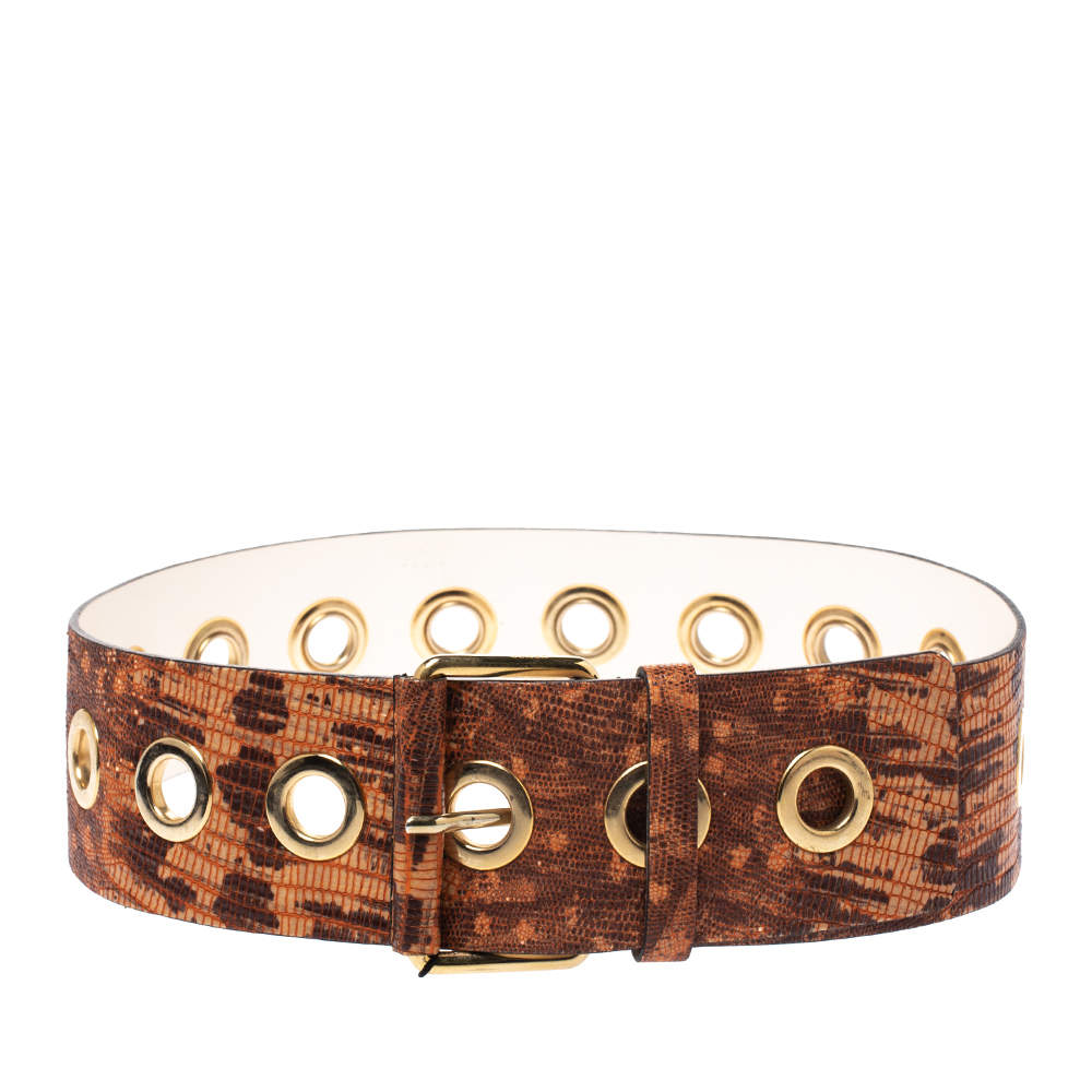 Kenzo Brown/Orange Lizard Embossed Leather Waist Belt 92CM