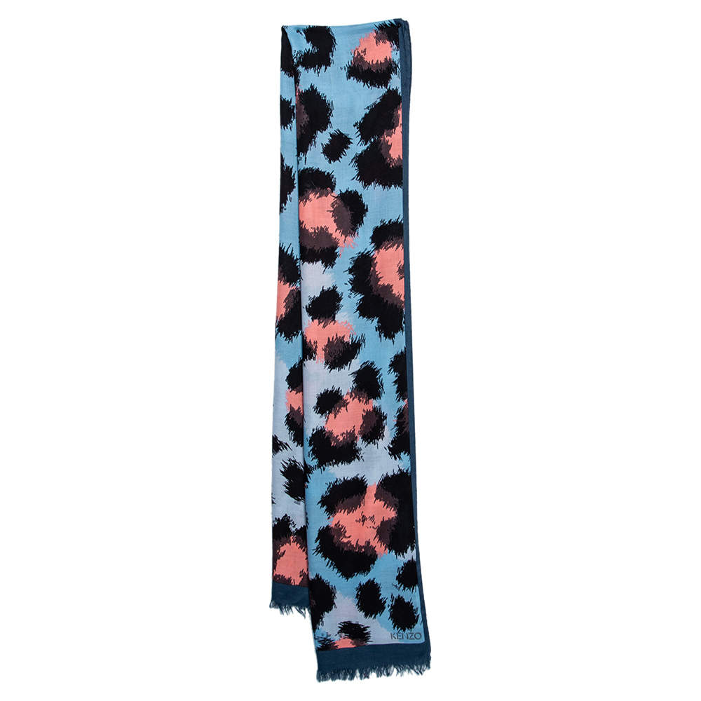 Kenzo Blue Abstract Printed Fringe Edged Modal Scarf 