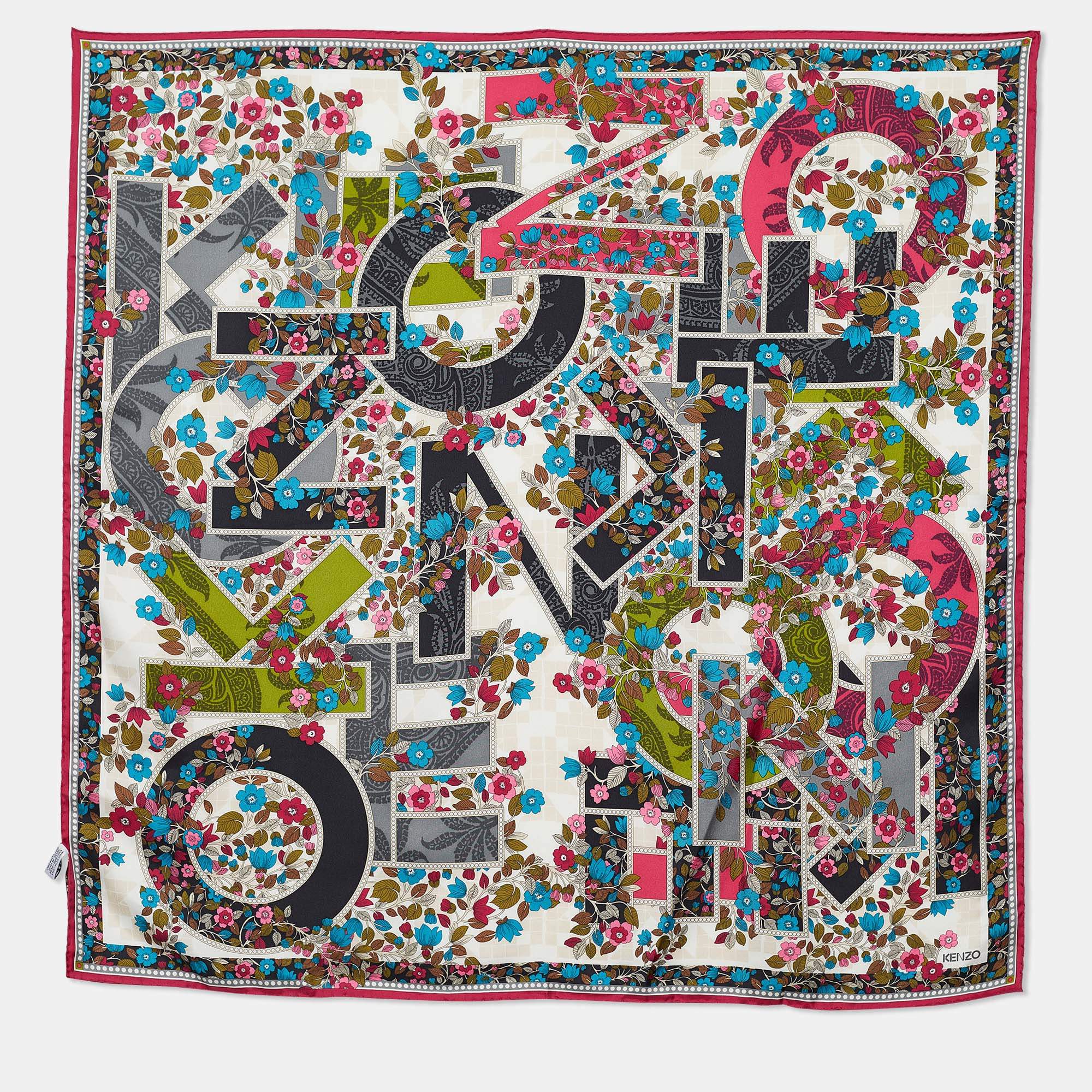 Pre Owned Kenzo Multicolour Logo Floral Print Silk Square Scarf