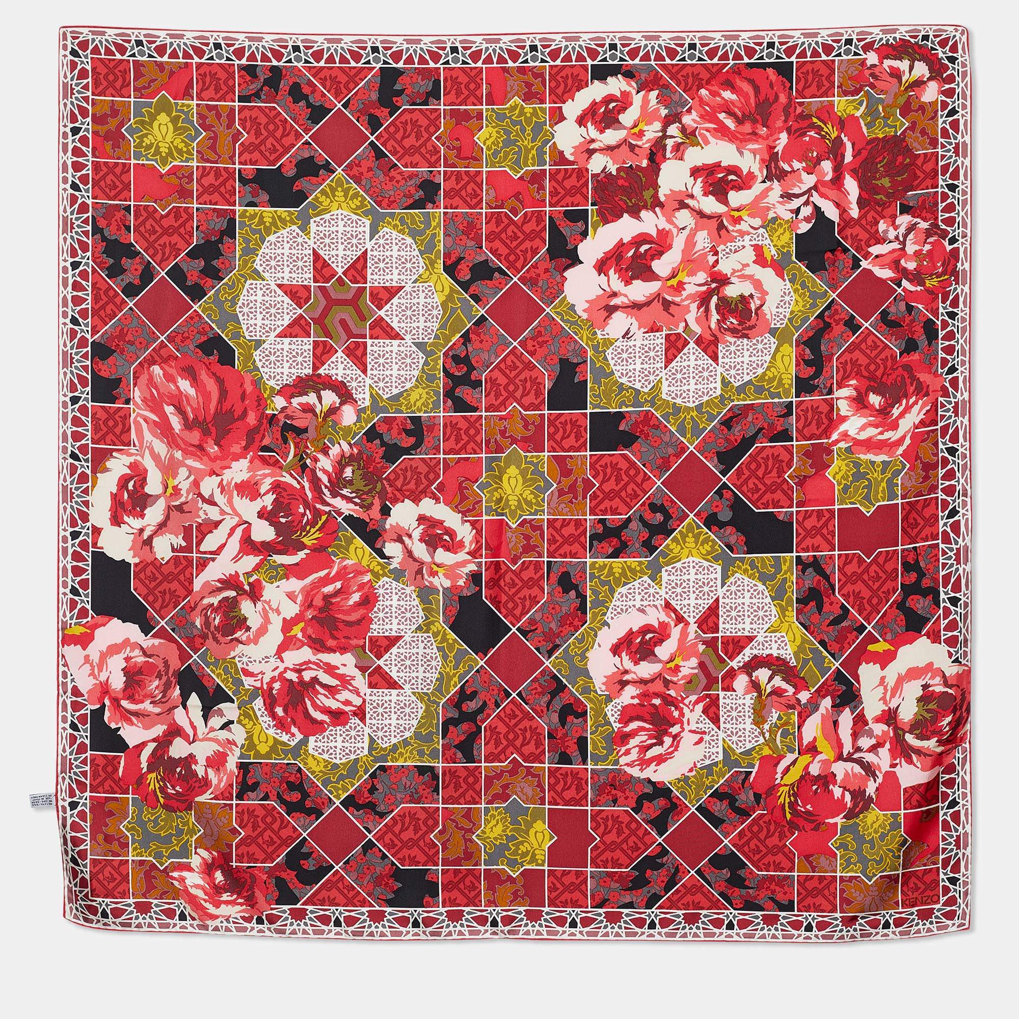 Pre Owned Kenzo Red Floral Print Silk Square Scarf