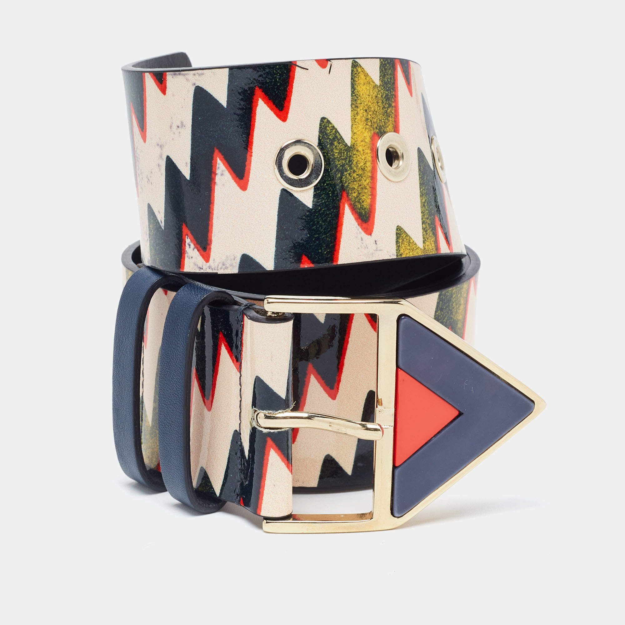 Kenzo Multicolor Printed Patent Leather Triangular Buckle Belt S