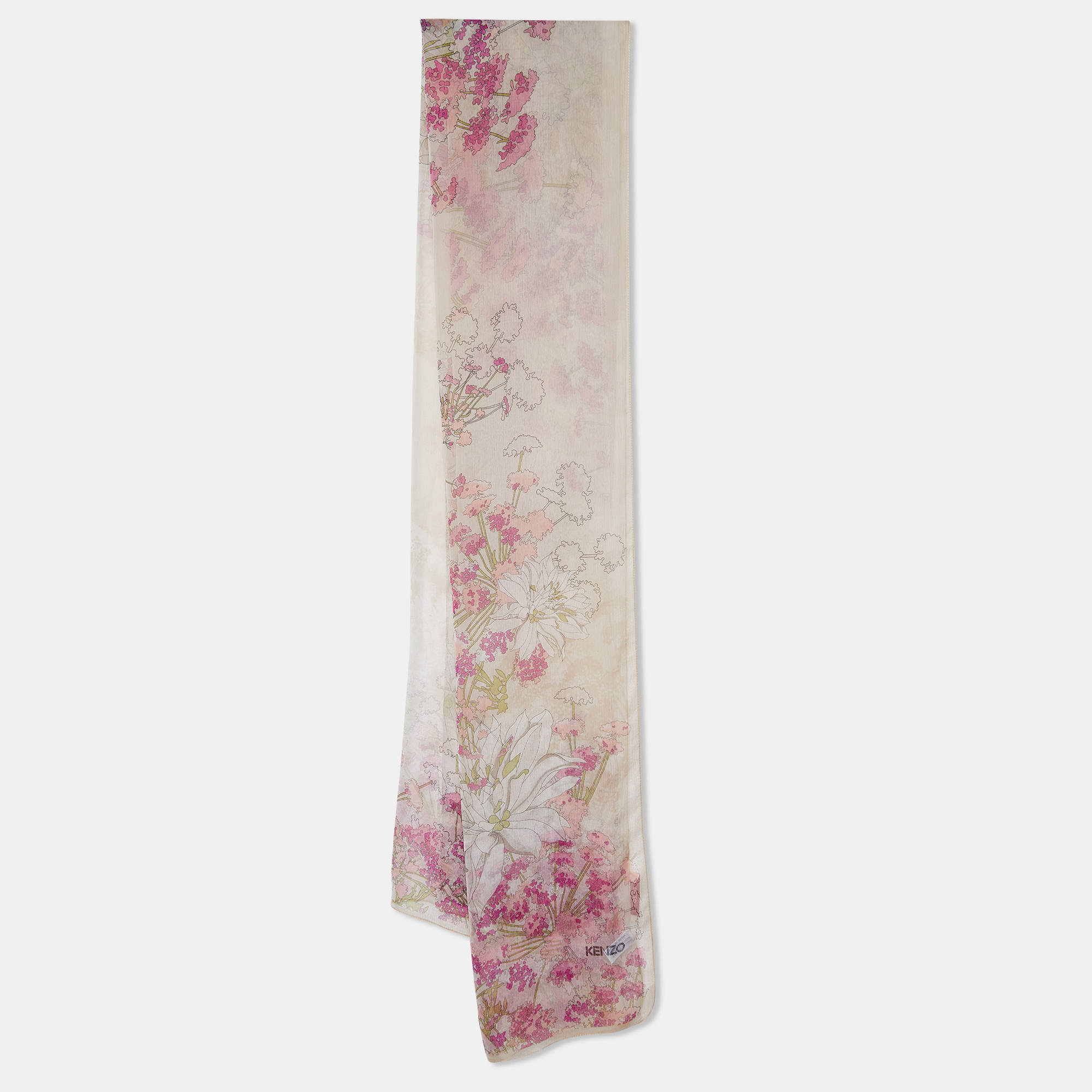 Pre Owned Kenzo Cream Floral Printed Silk Scarf