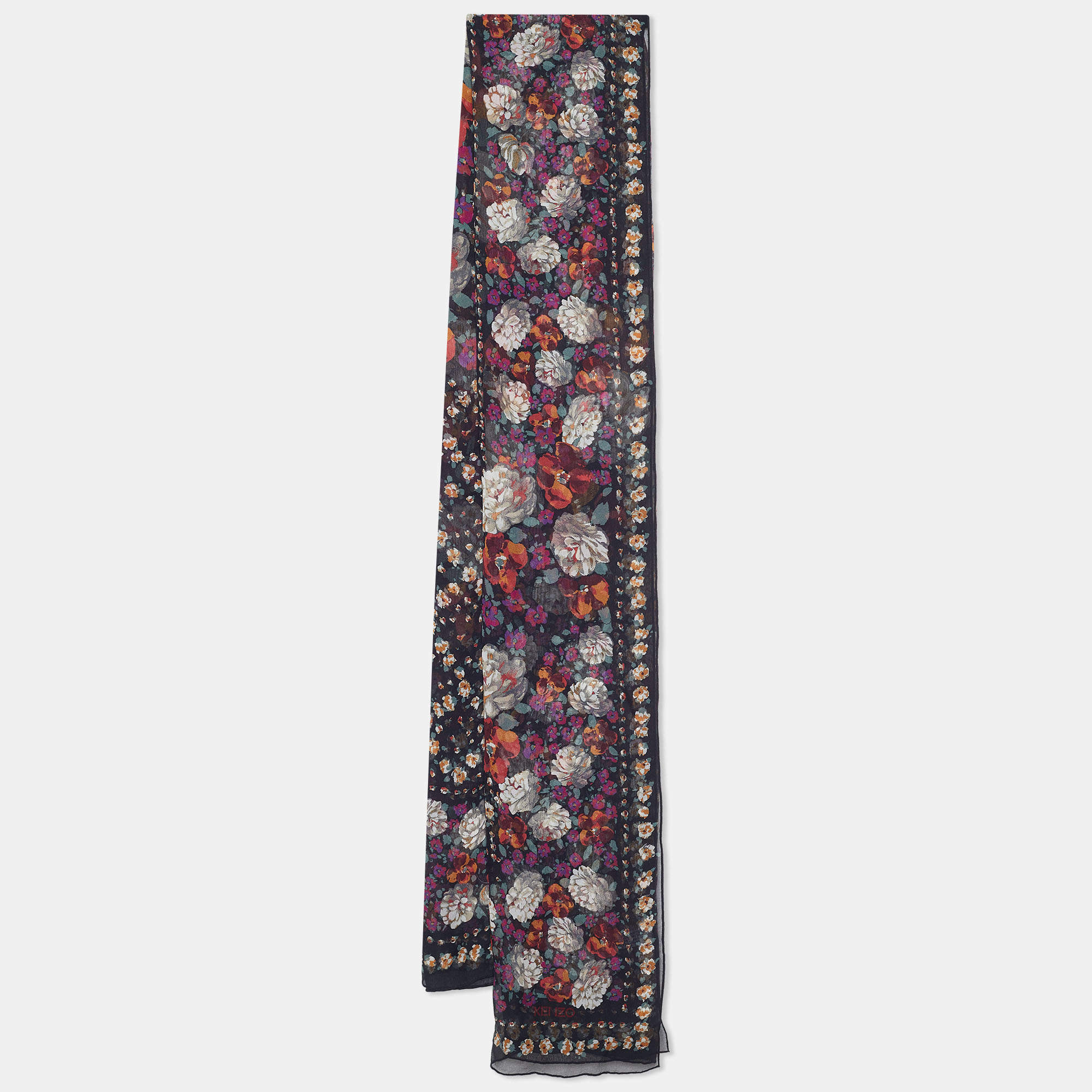 Kenzo Black Floral Printed Silk Scarf