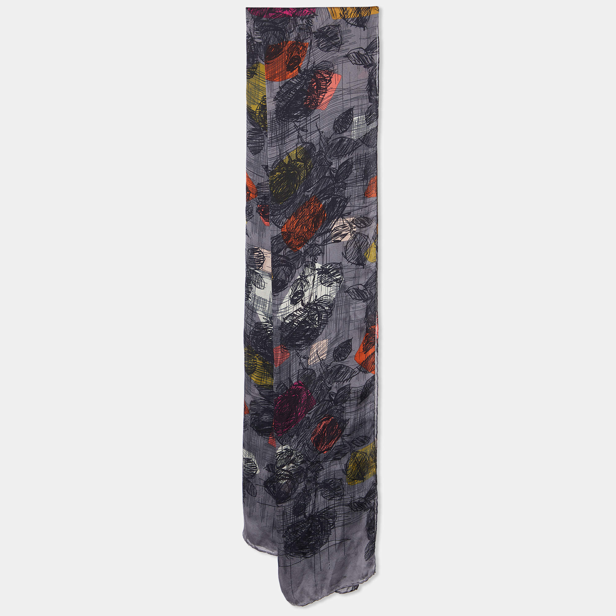 Kenzo Grey Floral Scribble Print Silk Stole