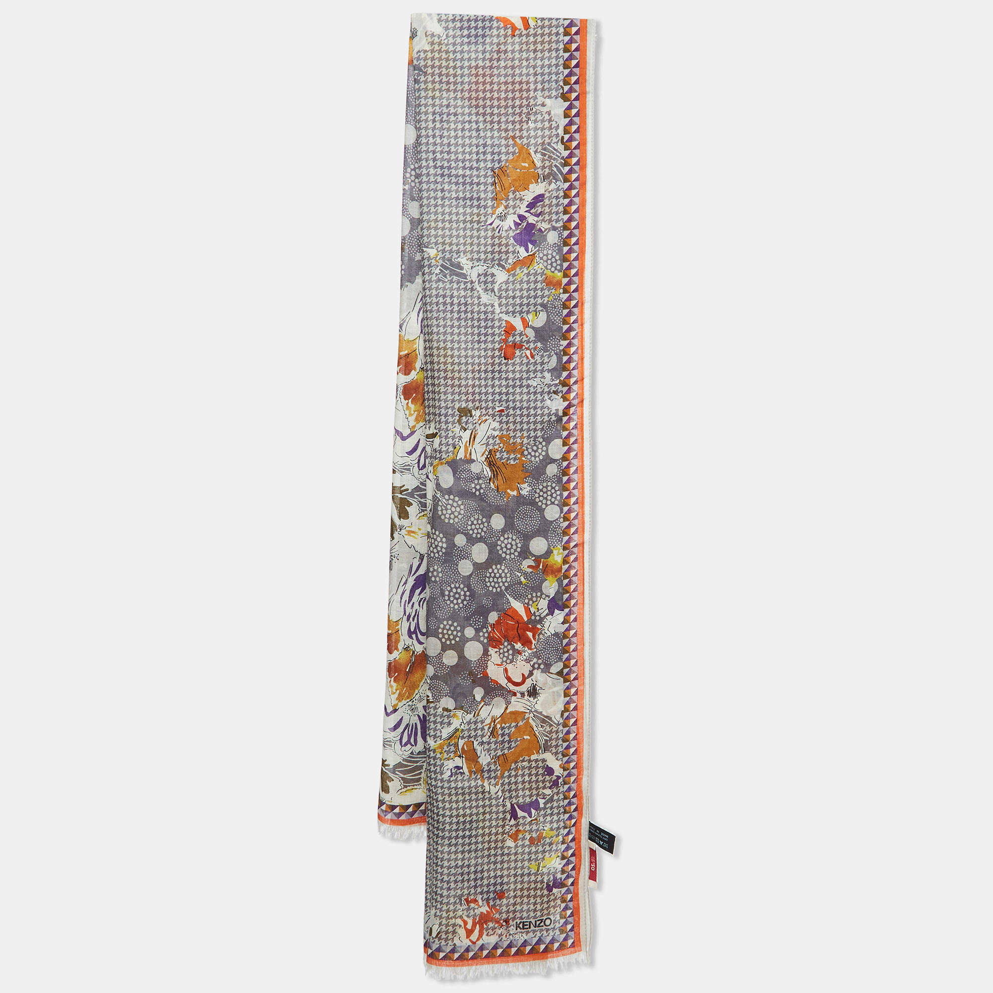 Kenzo Grey Houndstooth Floral Print Wool & Silk Stole