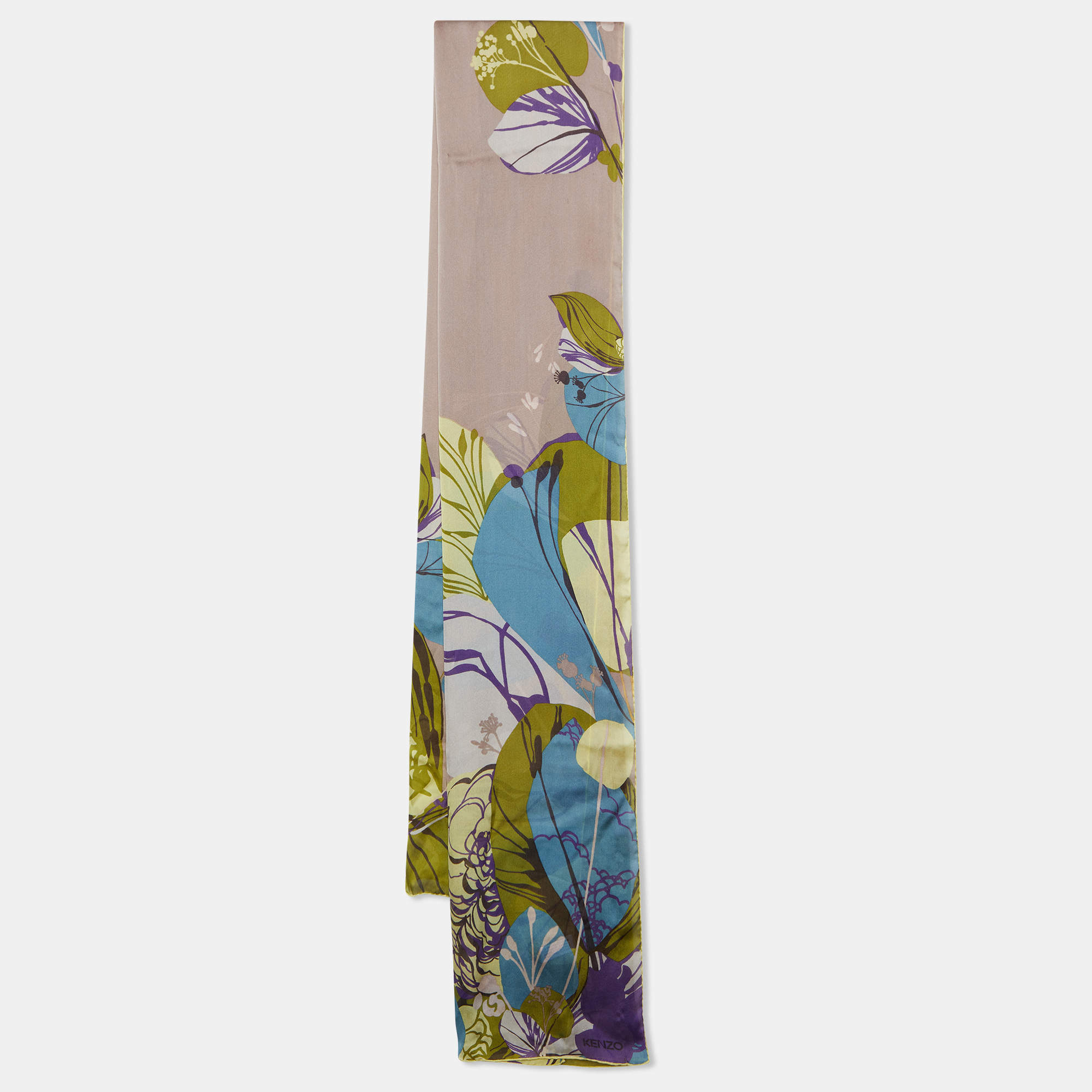 Pre Owned Kenzo Brown/Green Floral Print Silk Stole