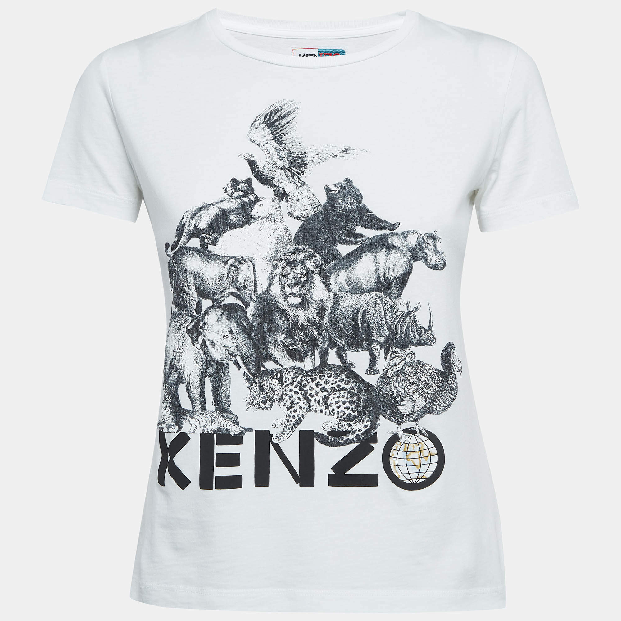 Pre Owned Kenzo White Animal Printed Cotton Knit T-Shirt S