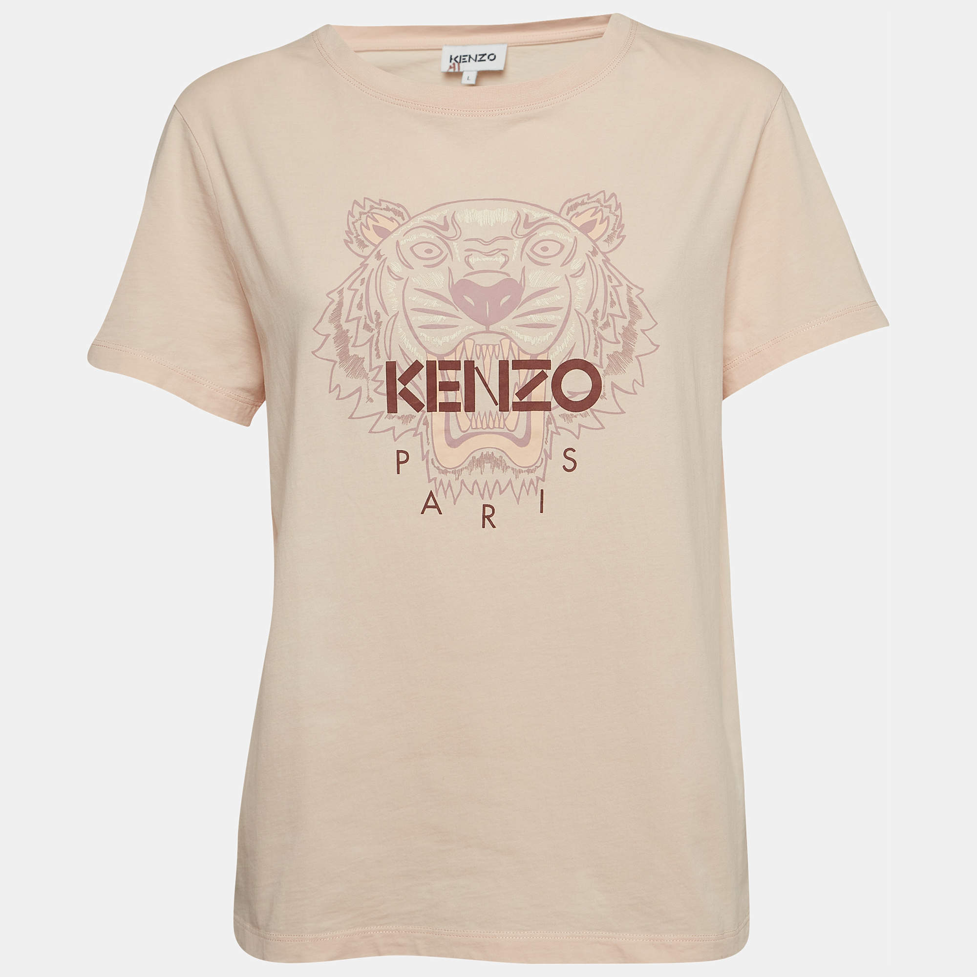 Pre Owned Kenzo Light Orange Tiger Print Cotton Half Sleeve T-Shirt L