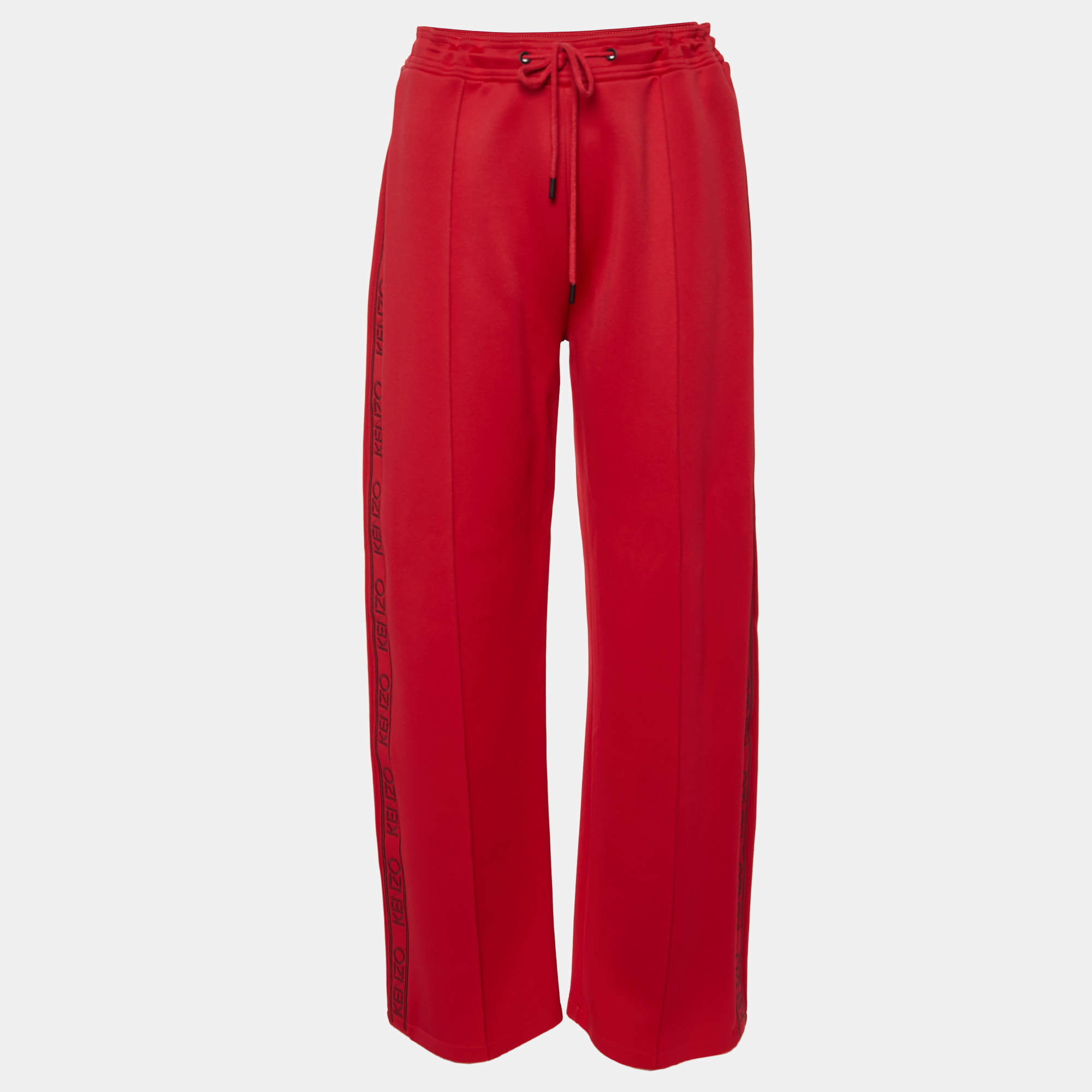 Pre Owned Kenzo Red Jersey Logo Stripe Panel Track Pants L