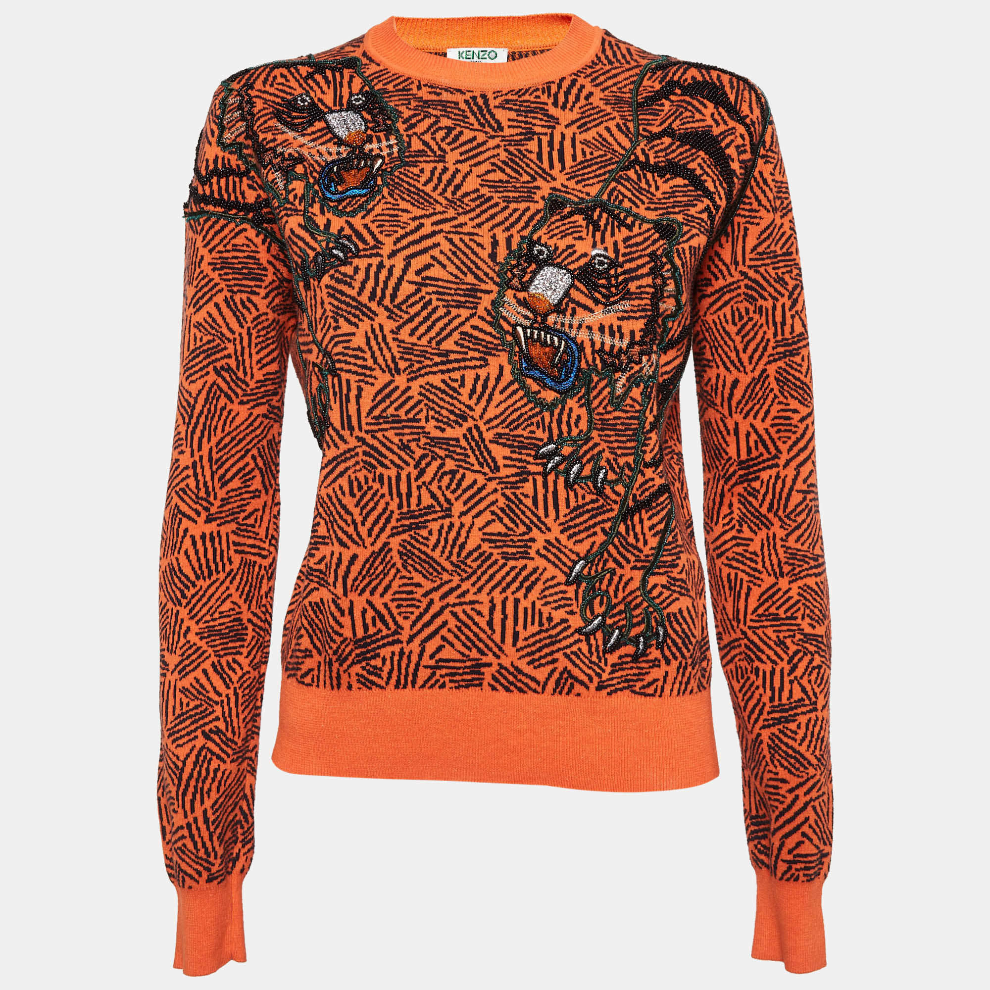 Kenzo Orange Tiger Embroidered Cotton Knit Sweatshirt L