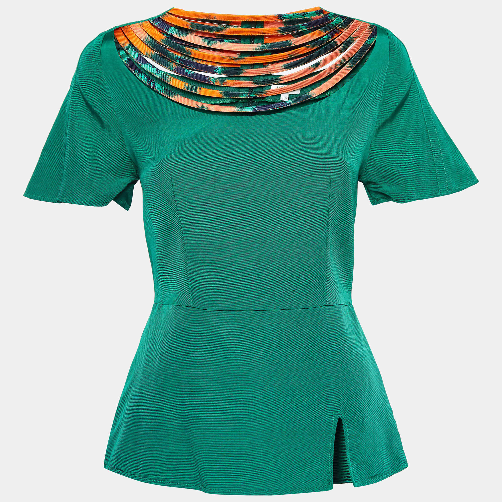 Kenzo Green Cotton Blend Patterned Neck Top S