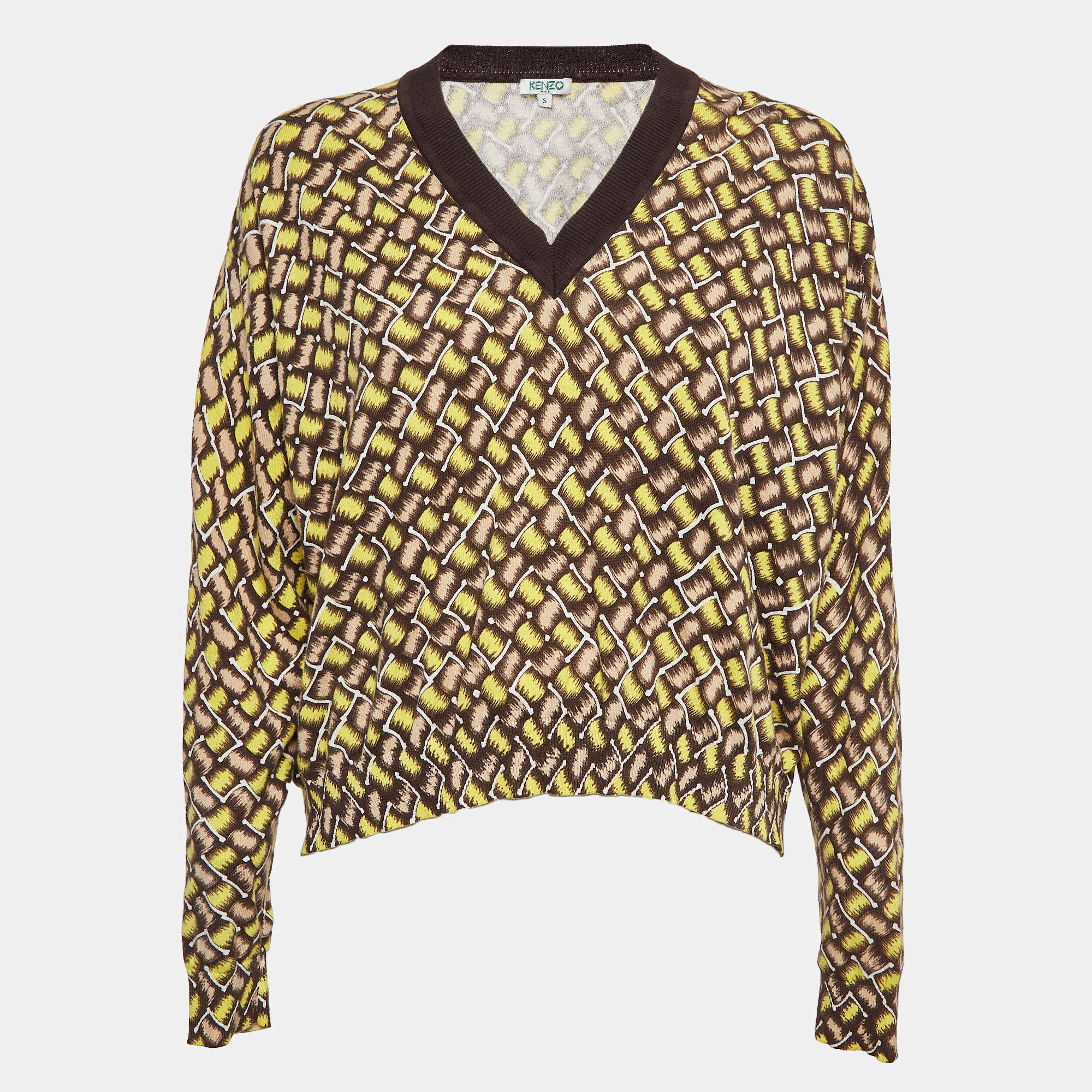 Pre Owned Kenzo Yellow Patterned Cotton Knit V-Neck Sweater S