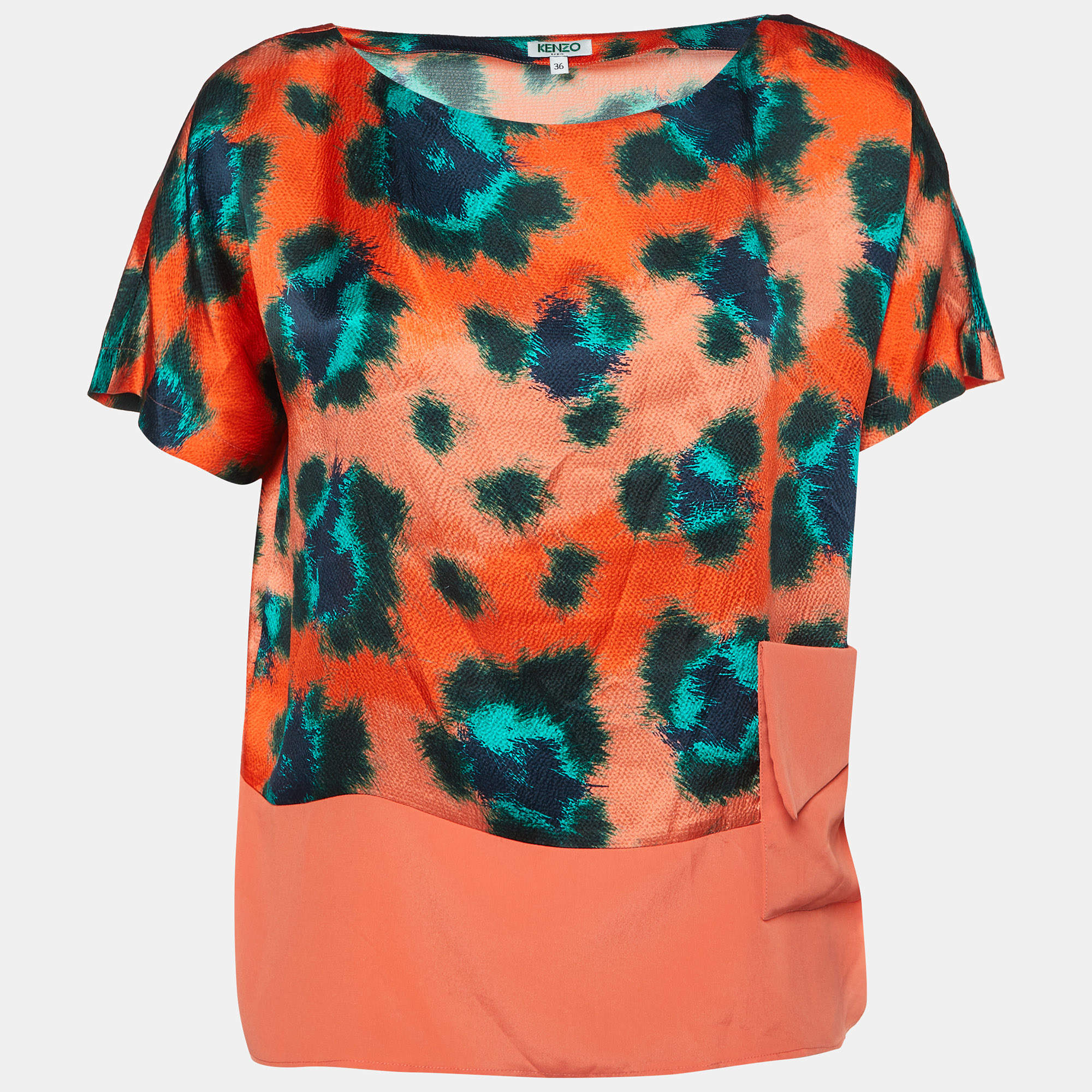 Pre Owned Kenzo Orange Printed Silk Relaxed Fit Blouse S