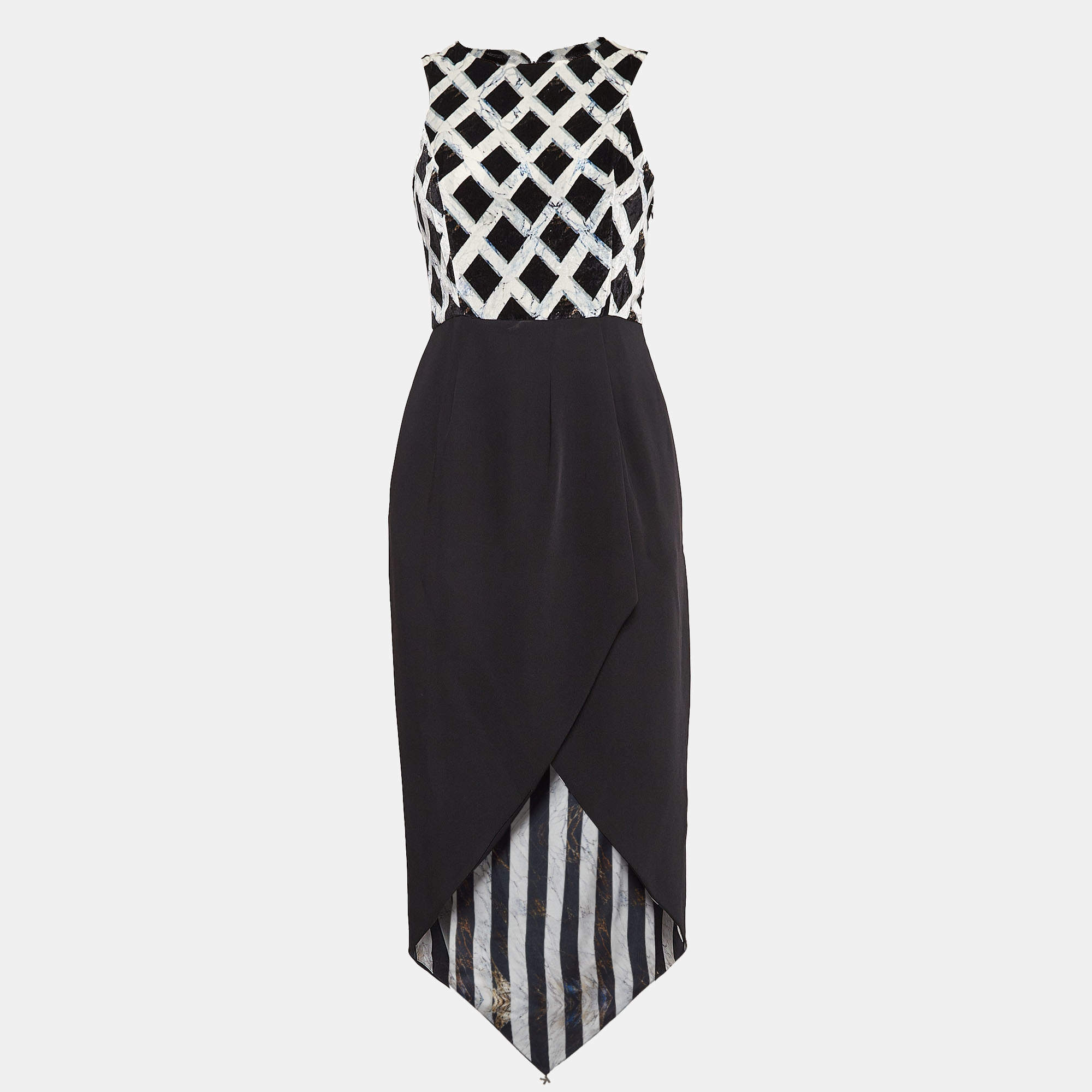 Kenzo Black Printed Velvet and Stretch Crepe Asymmetric Midi Dress S