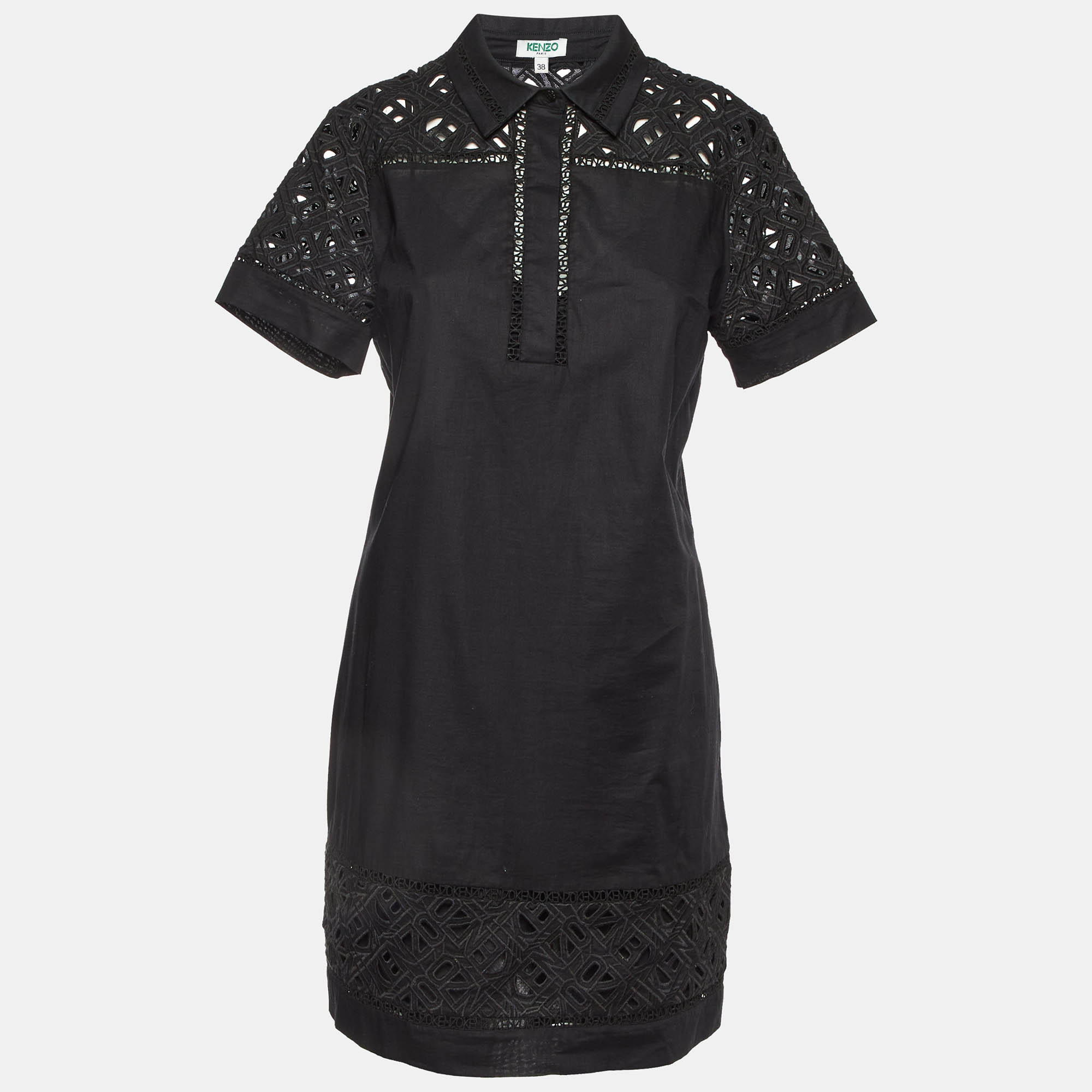Pre Owned Kenzo Black Cotton Poplin Lace Detailed Short Sleeve Dress M