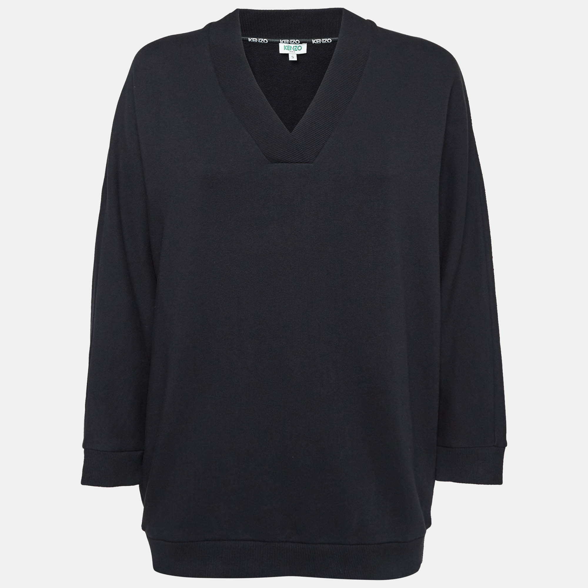 Pre Owned Kenzo Black Logo Print Cotton Knit V-Neck Sweatshirt S