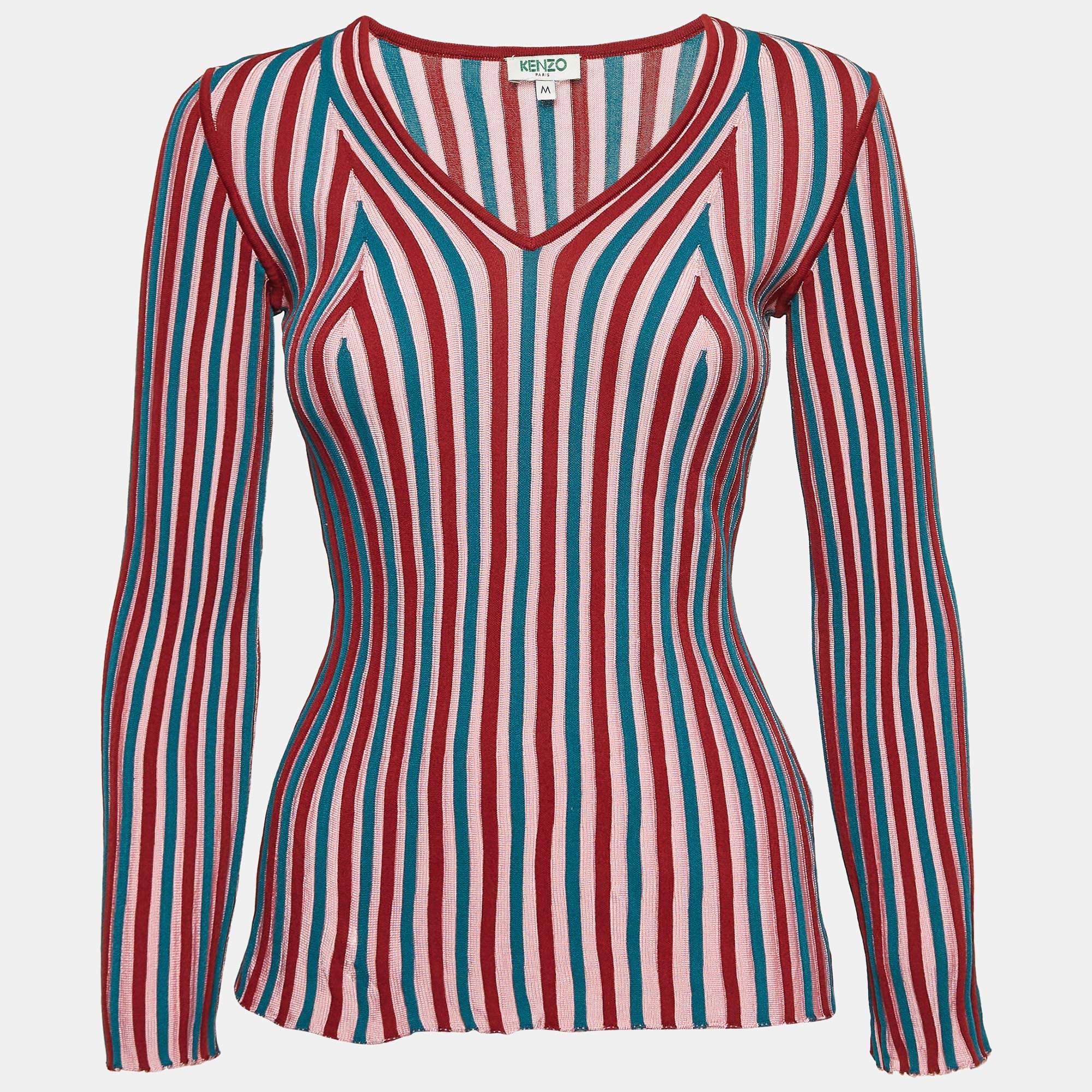 Pre Owned Kenzo Pink Rib Knit V-Neck Jumper M