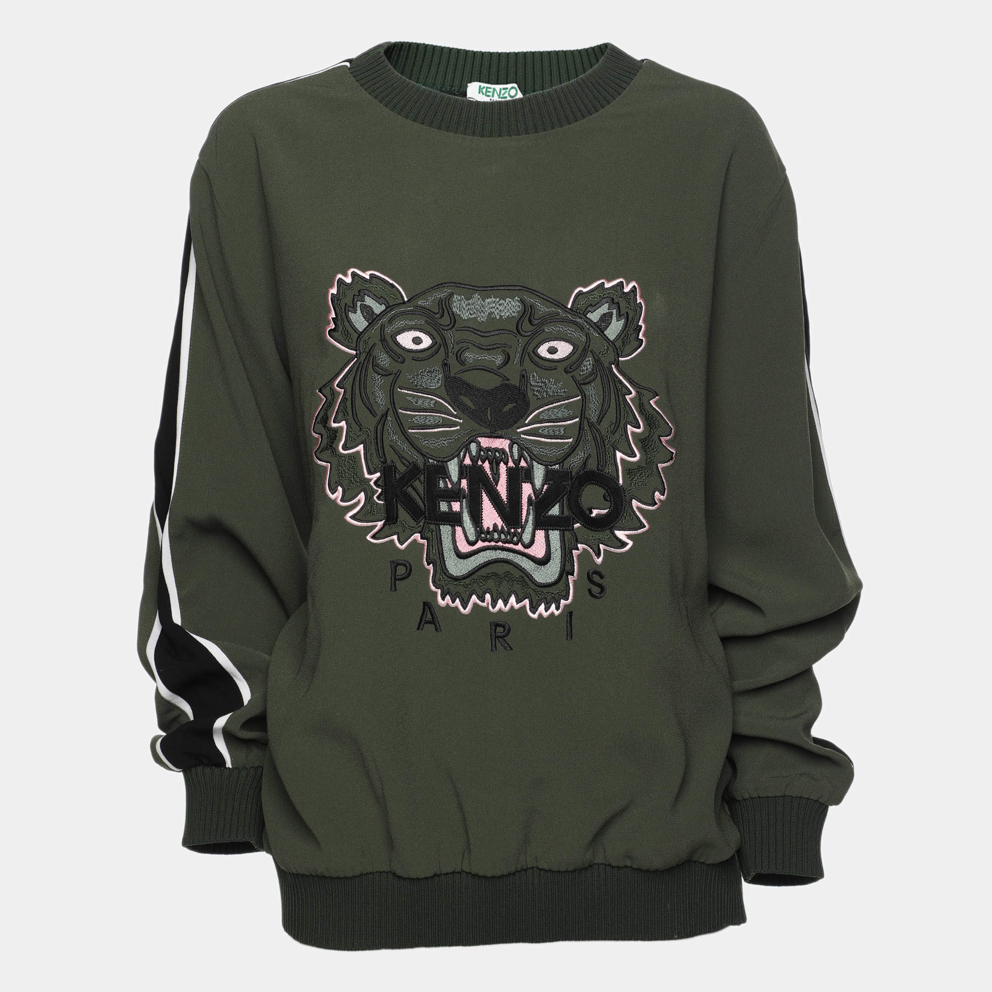 Pre Owned Kenzo Olive Green Crepe Tiger Motif Detail Sweatshirt L