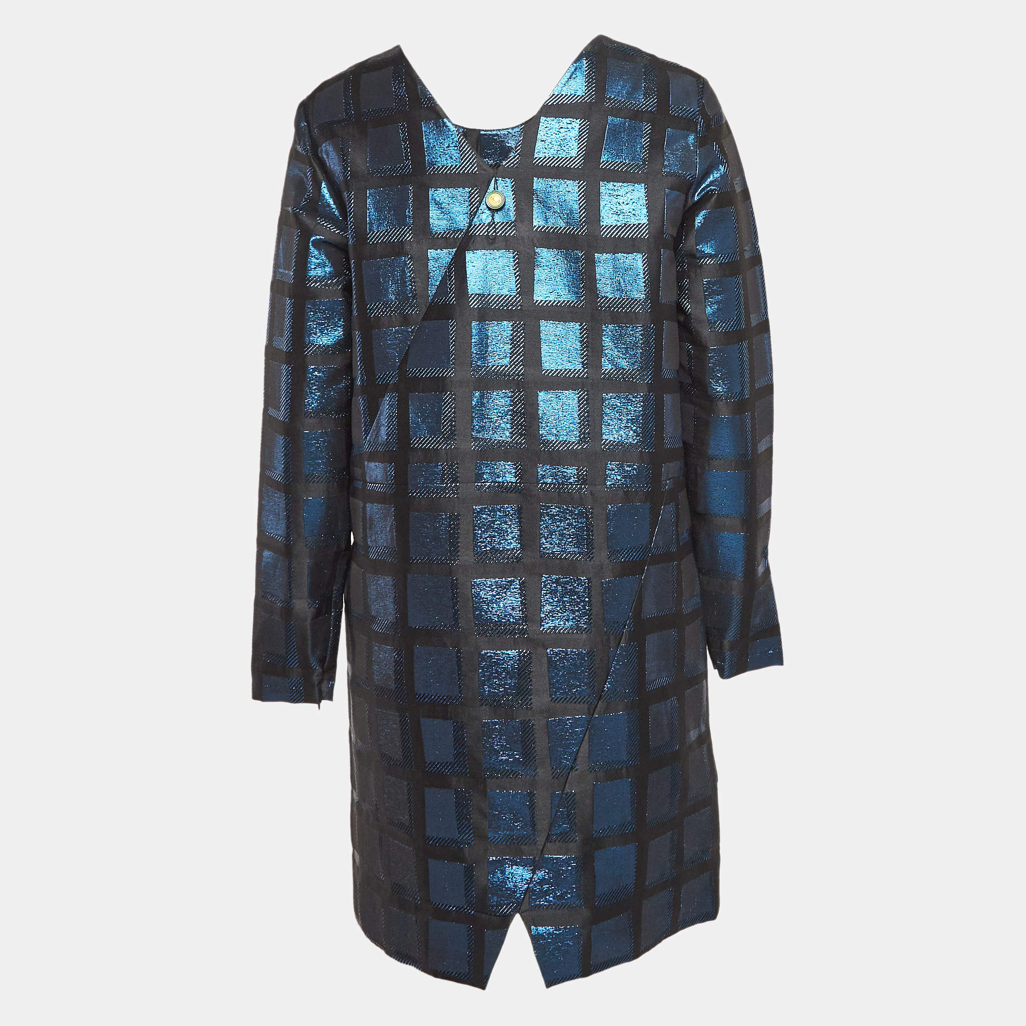 Kenzo Blue Square Lurex V-Neck Shift Dress L