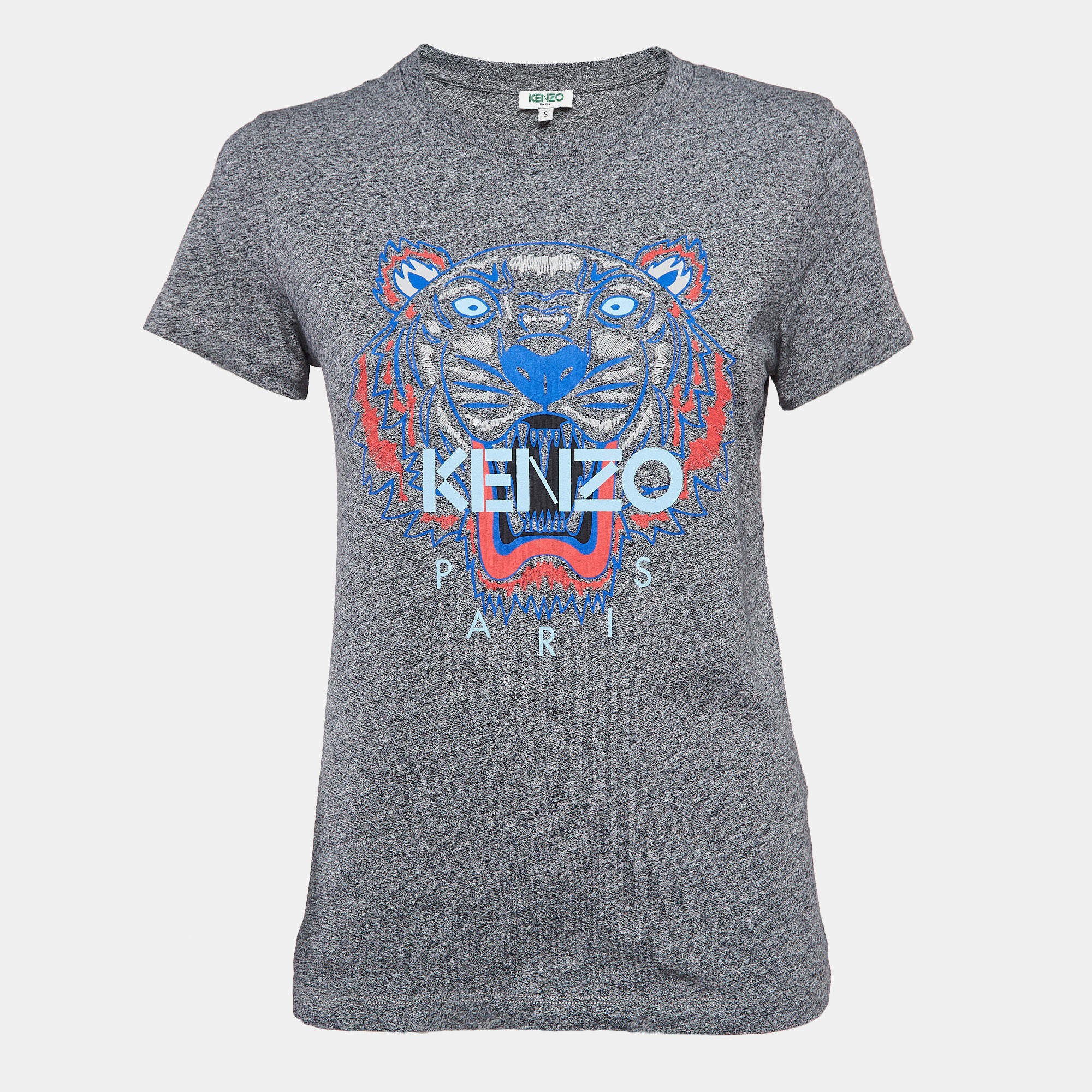 Kenzo Grey Lion Print Melange Knit T-Shirt S