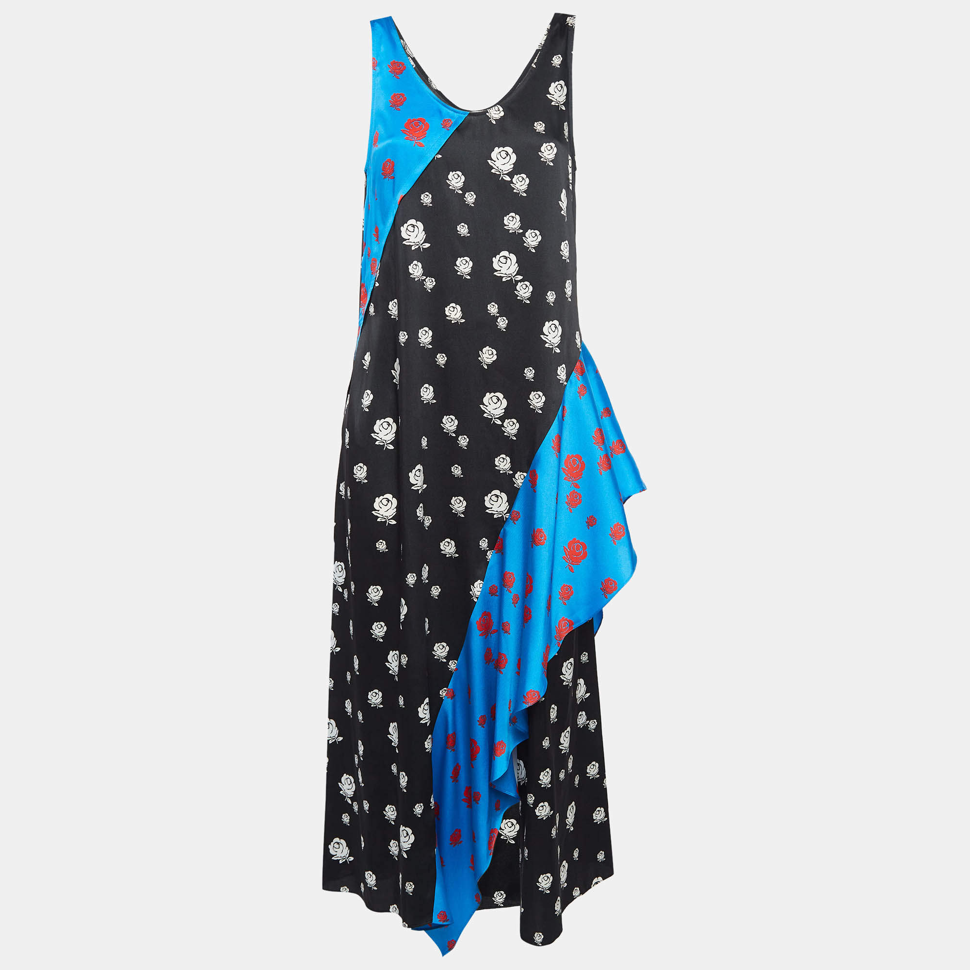 Kenzo Blue/Black Rose Print Crepe Ruffled Midi Dress M