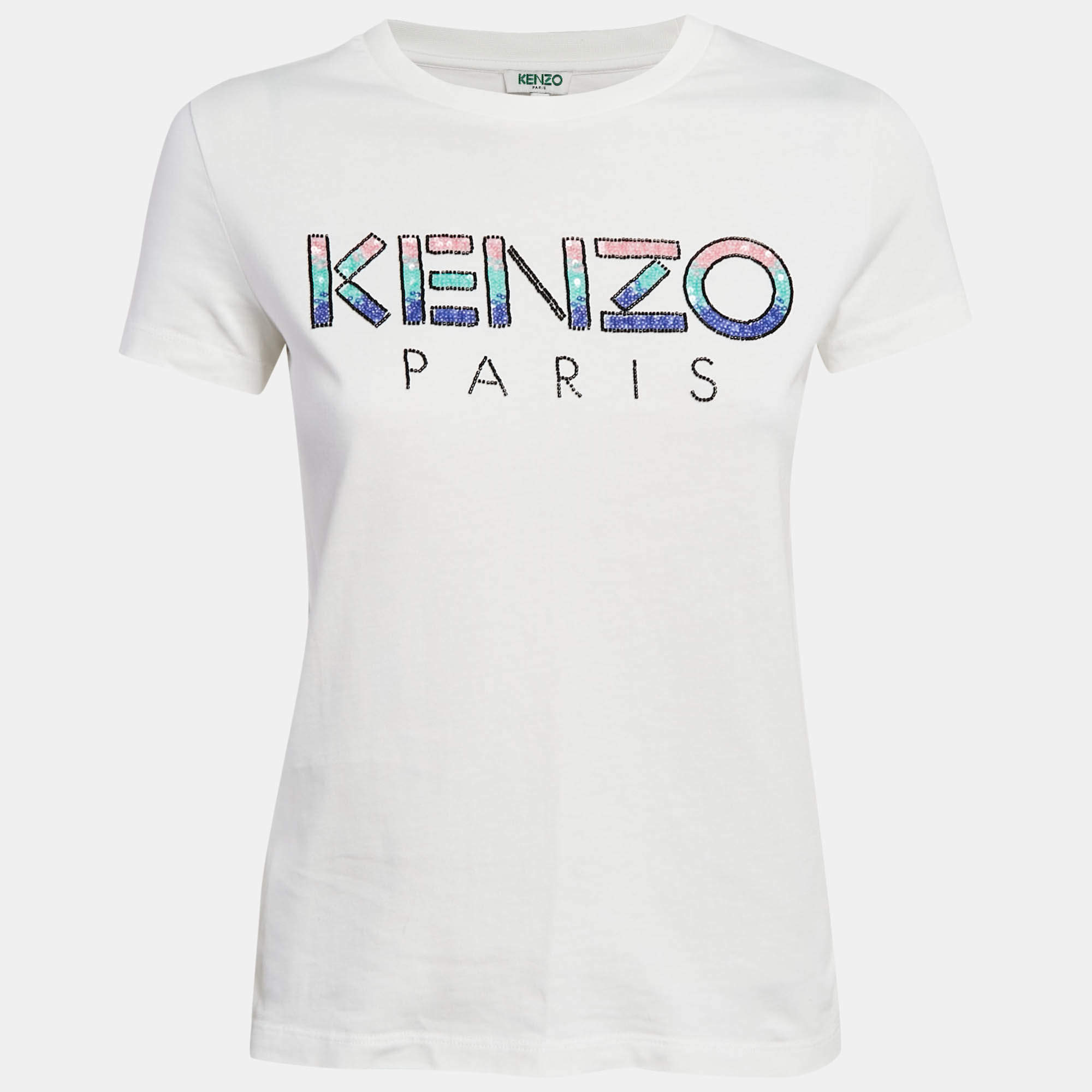 Pre Owned Kenzo White Embellished Logo Jersey T-shirt S