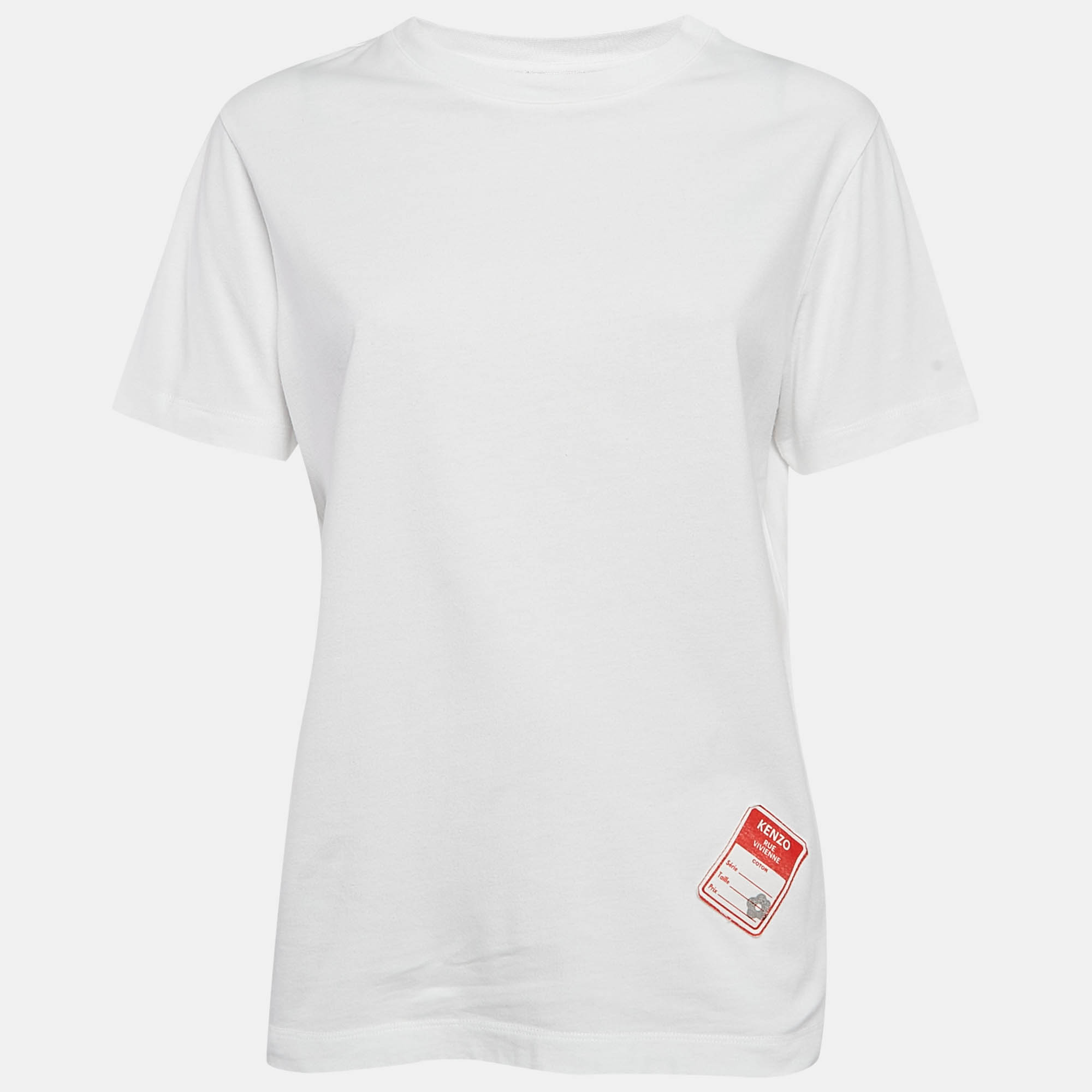 Pre Owned Kenzo White Logo Patch Jersey Crew Neck T-Shirt S