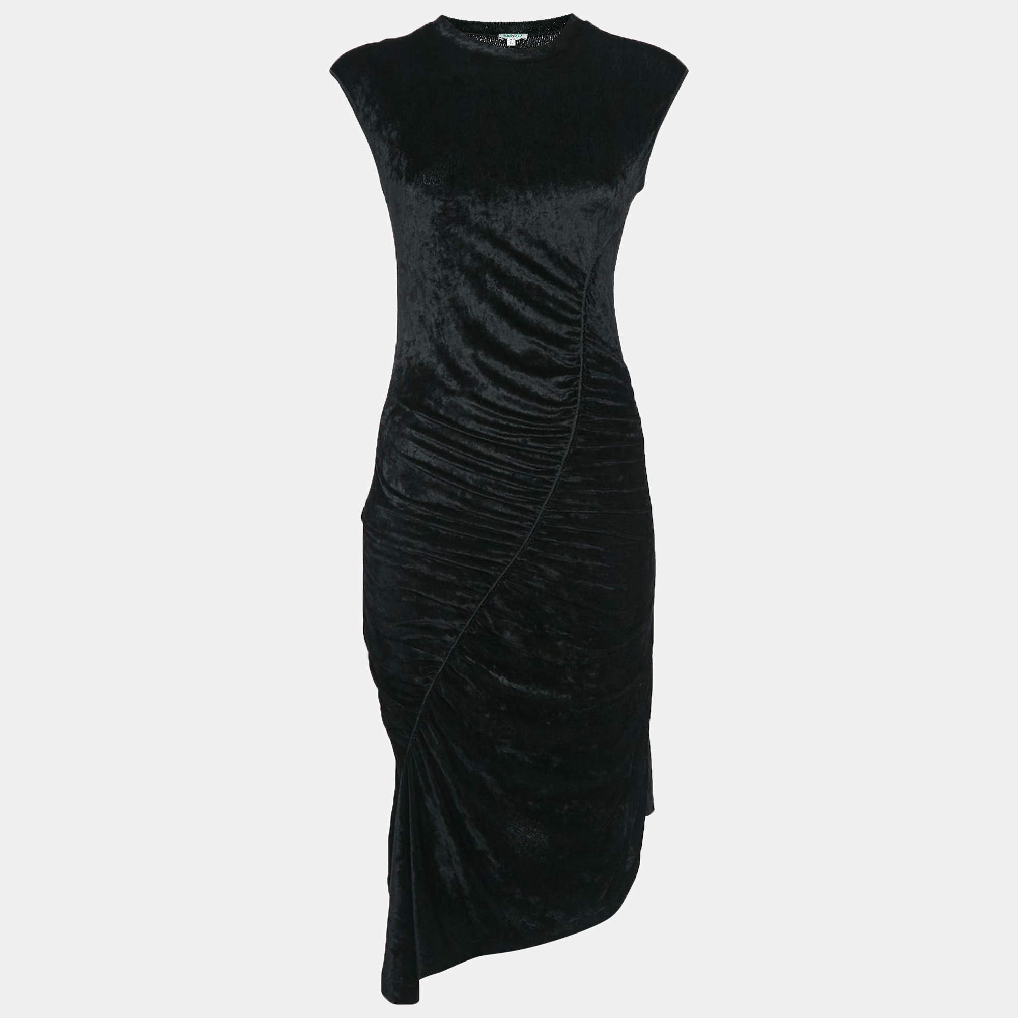 Pre Owned Kenzo Black Stretch Velour Ruched Asymmetric Midi Dress S