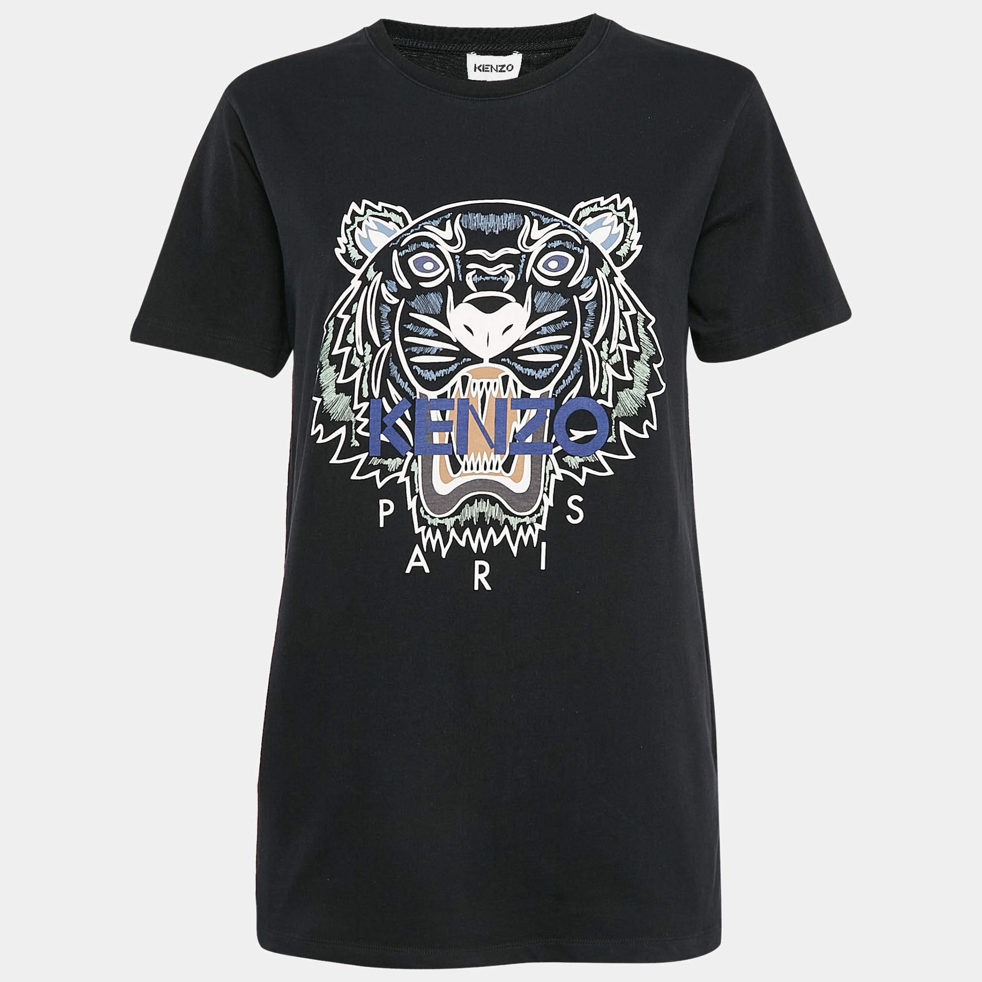 Pre Owned Kenzo Black Tiger Print Jersey Crew Neck T-Shirt M
