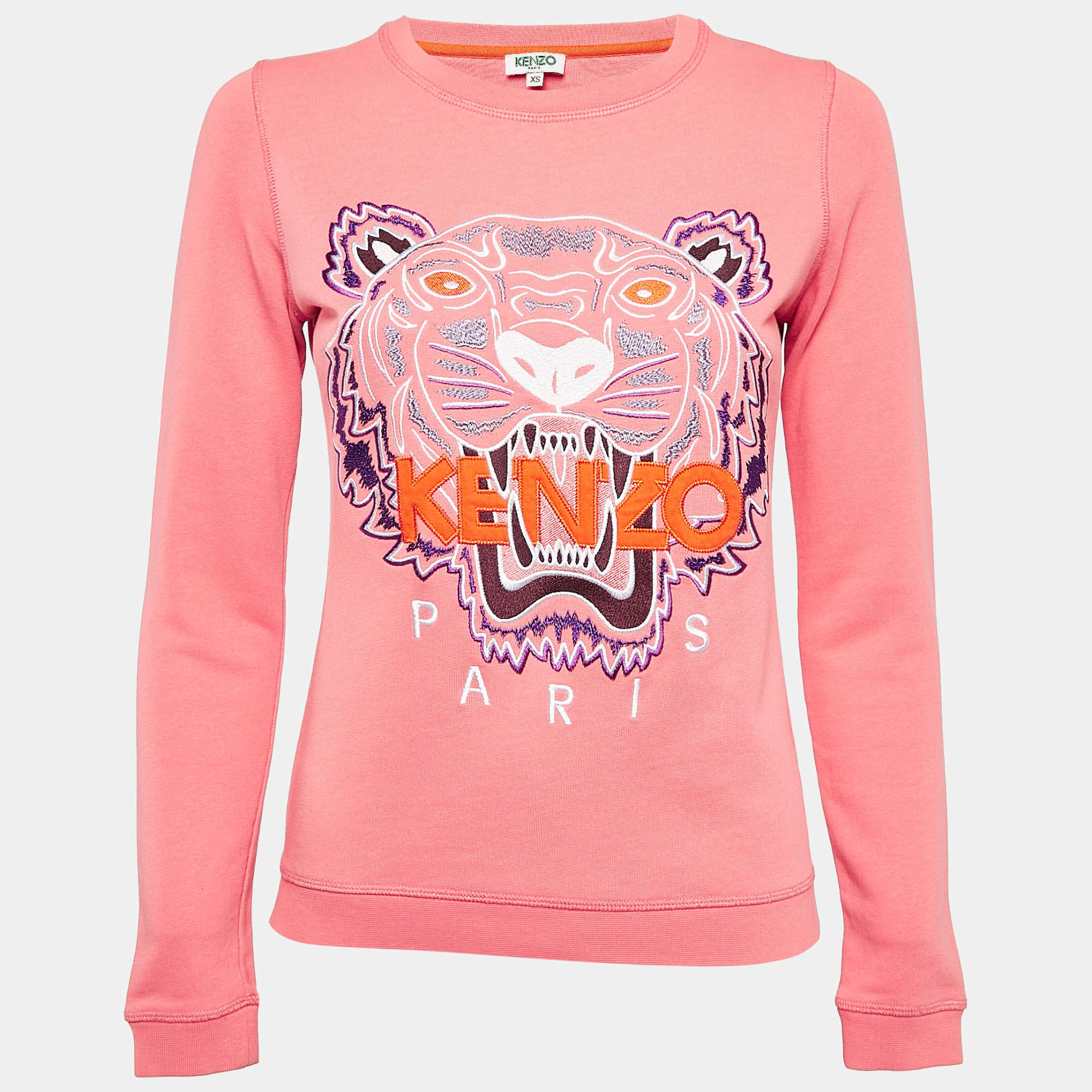 Pre Owned Kenzo Pink Tiger Logo Embroidered Cotton Knit Sweatshirt XS
