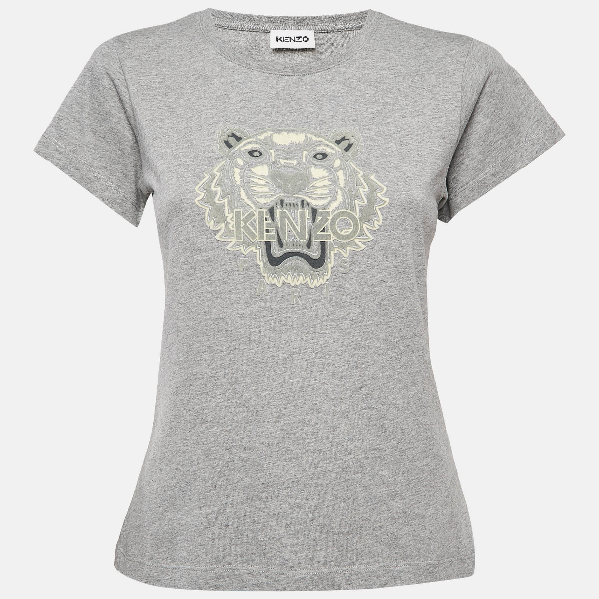 Pre Owned Kenzo Grey Tiger Logo Flocked Jersey T-Shirt S