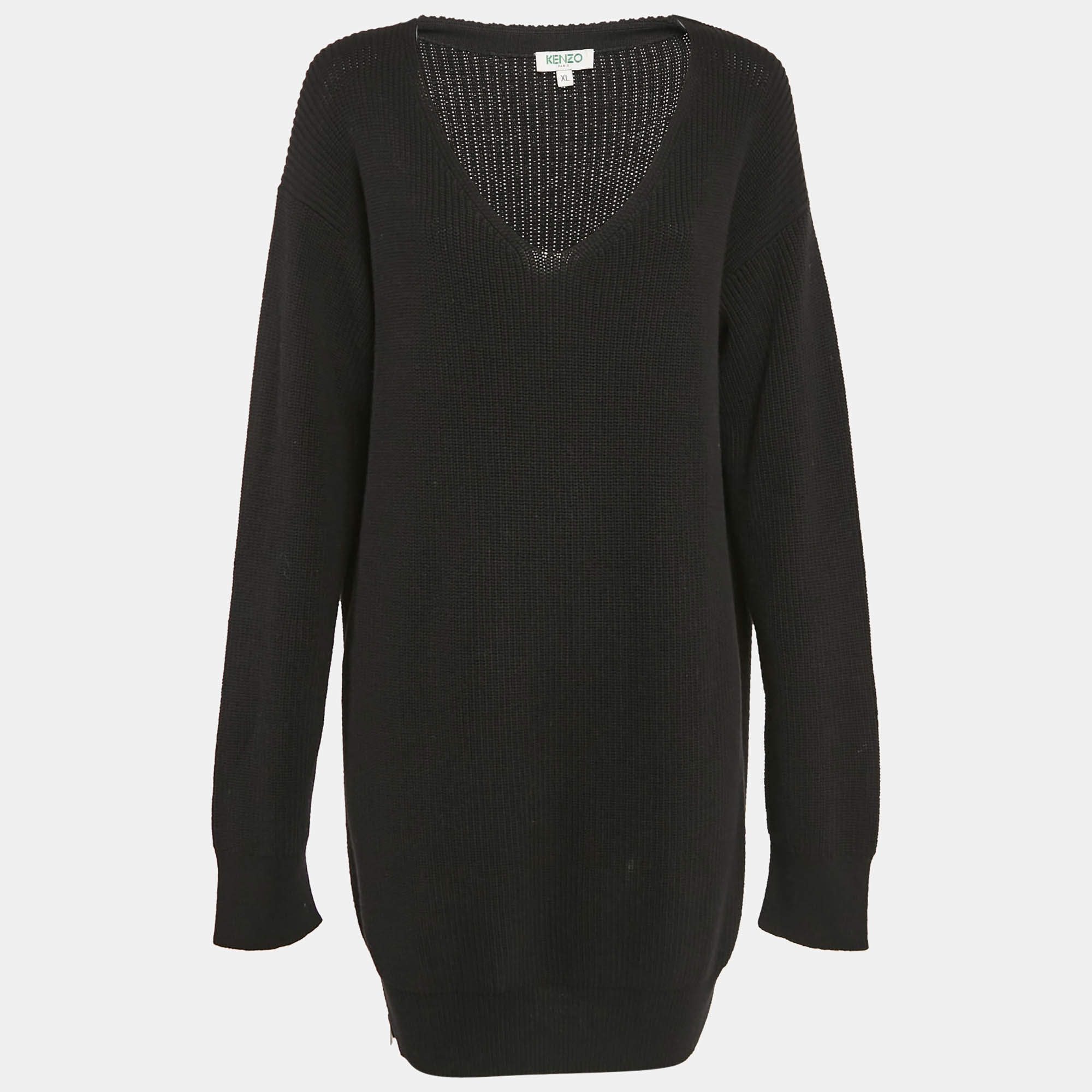 Kenzo Black Rib Knit Zipper Detail V-Neck Sweater Dress XL