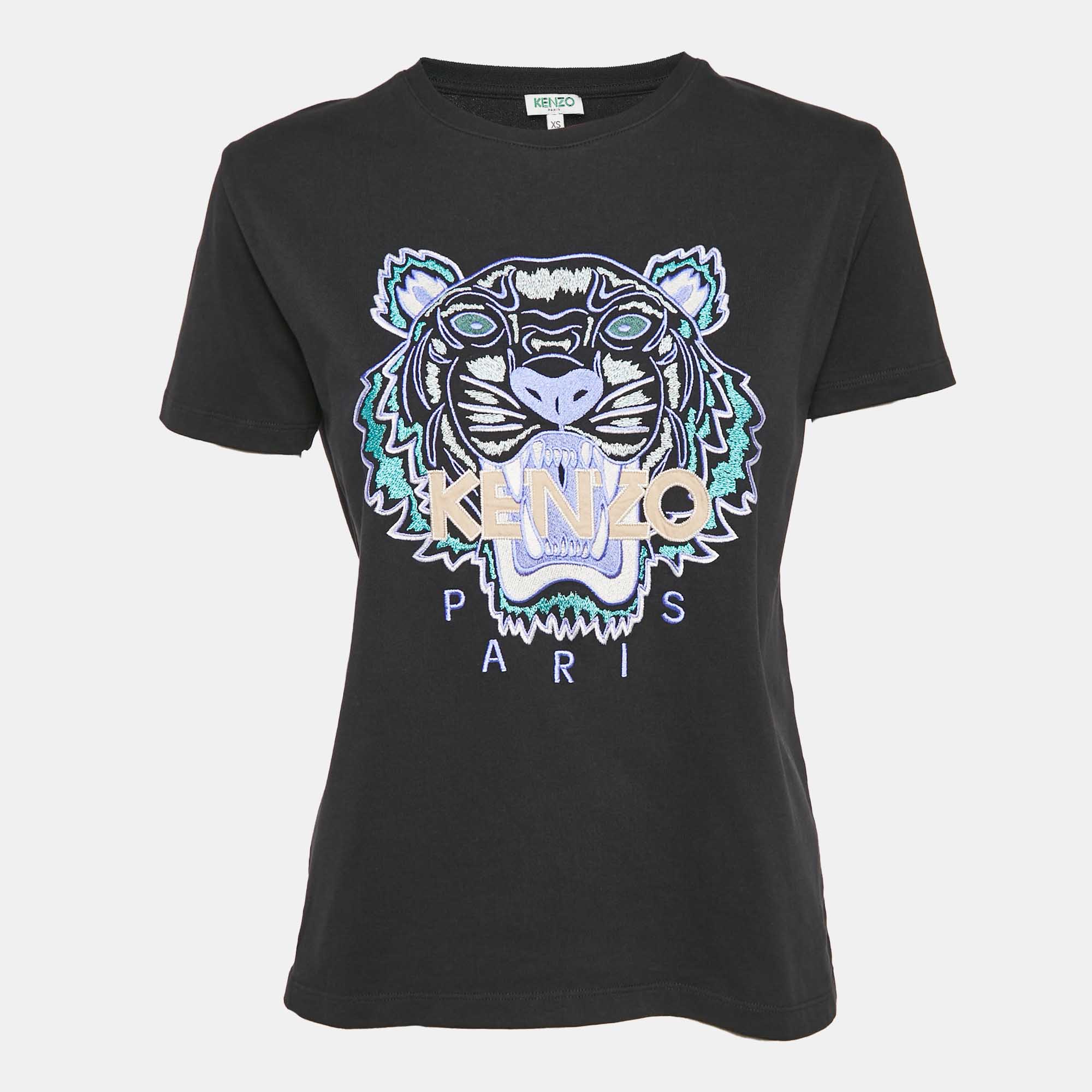 Pre Owned Kenzo Black Tiger Logo Embroidered Cotton Knit T-Shirt XS