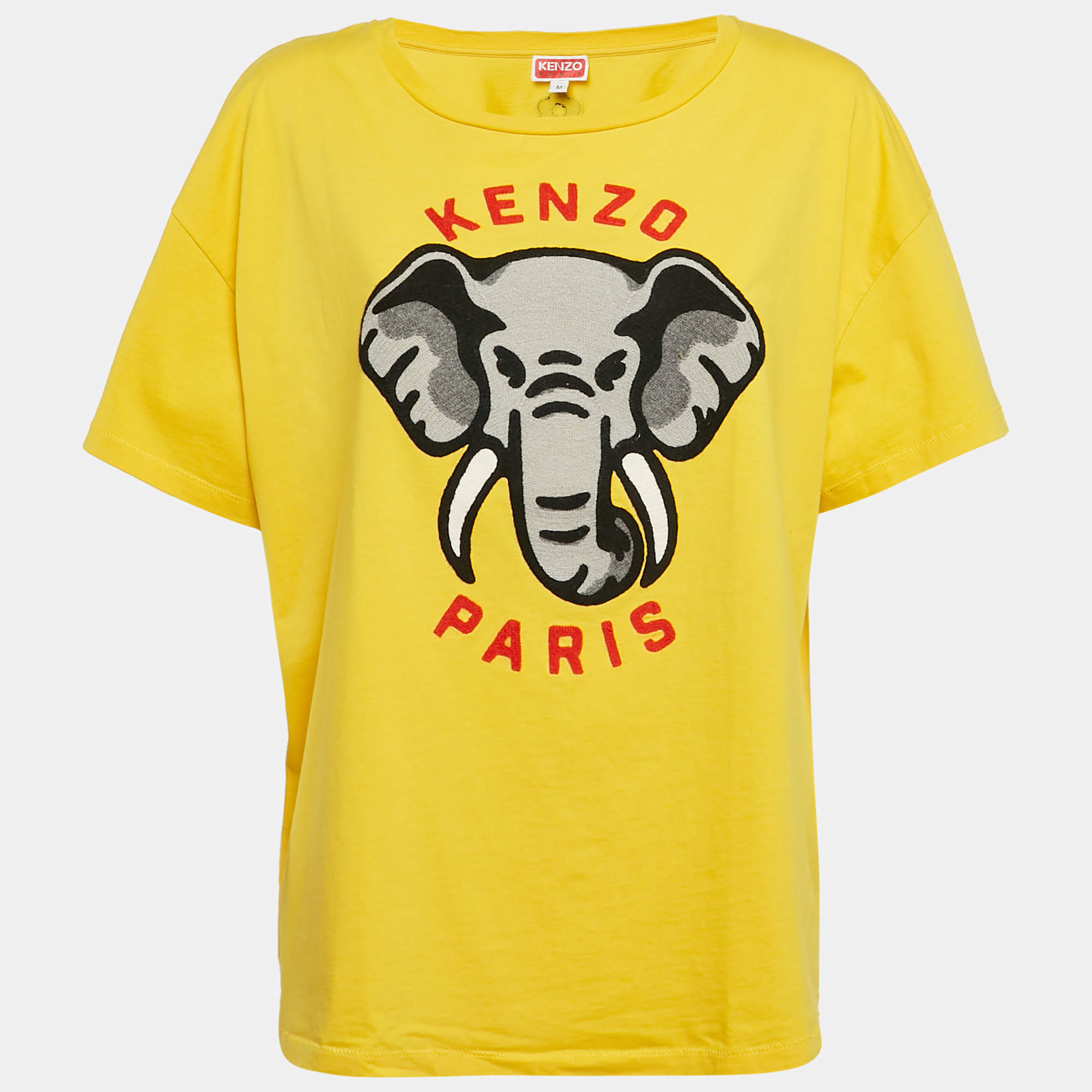 Pre Owned Kenzo Yellow Elephant Applique Cotton Jersey T-Shirt M