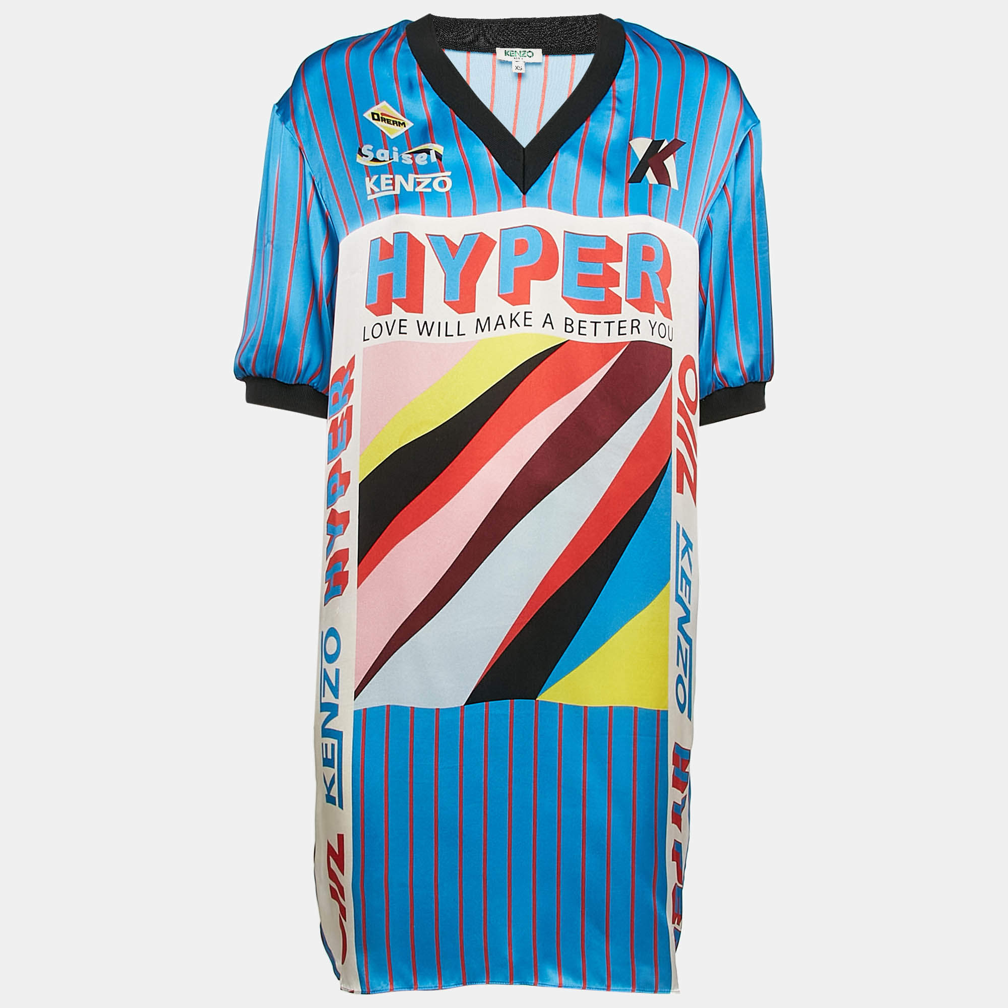 Kenzo Blue Hyper Stripe Print Satin Silk V-Neck Shift Dress XS