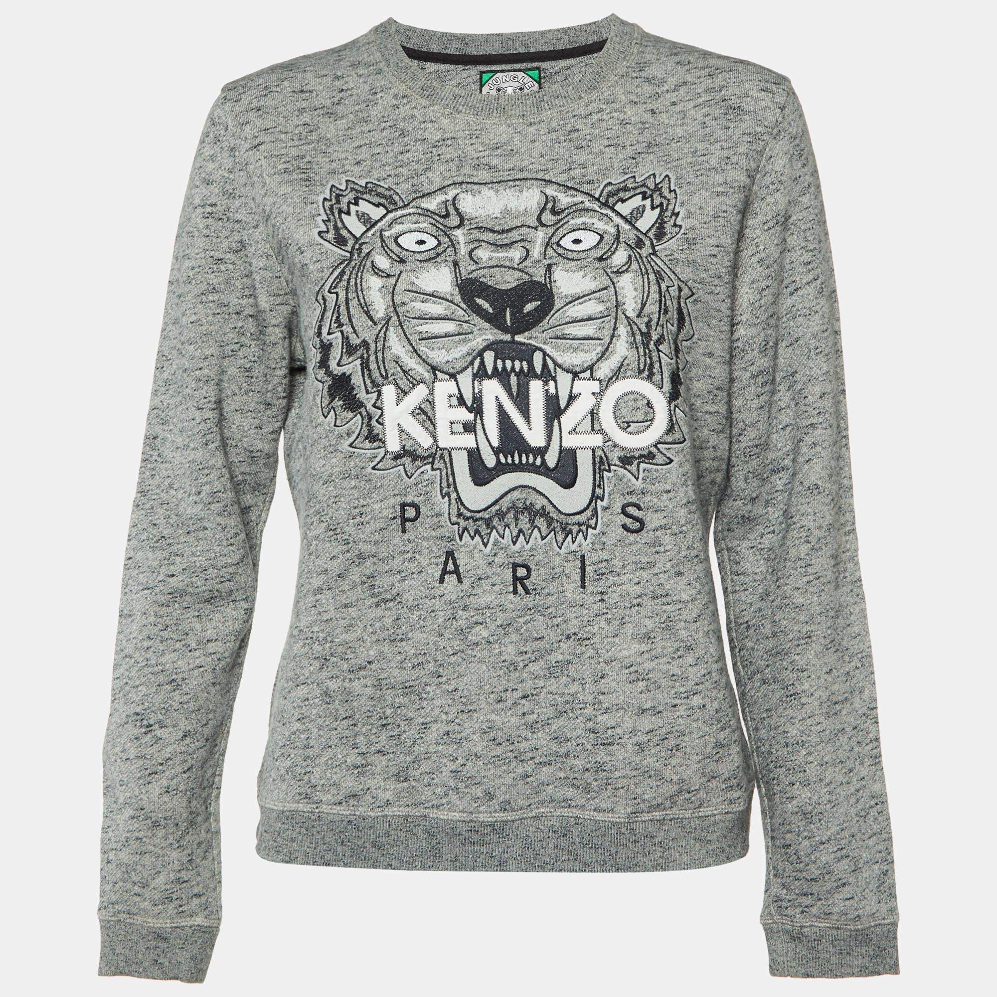 Pre Owned Kenzo Grey Tiger Embroidered Melange Cotton Sweatshirt L