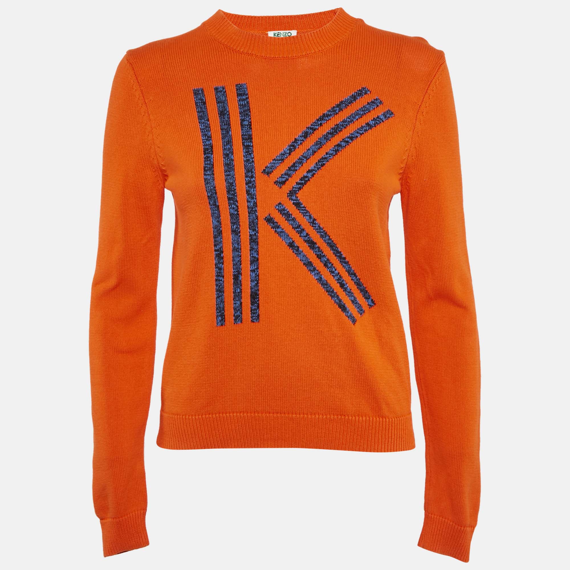 Pre Owned Kenzo Orange Cotton Logo Motif Detail Jumper M