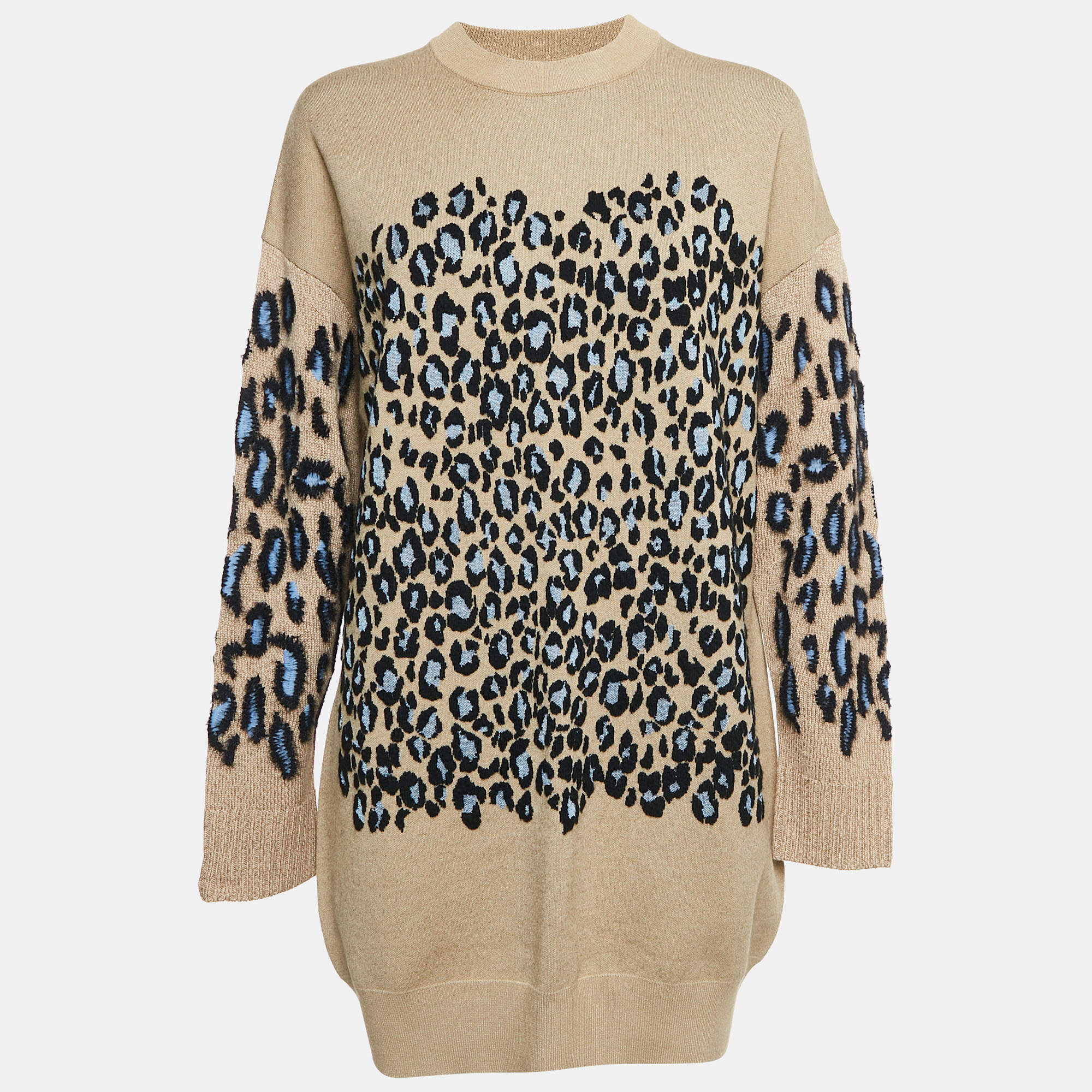 Kenzo Camel Brown Tiger Pattern Wool Blend Knit Mini Dress S