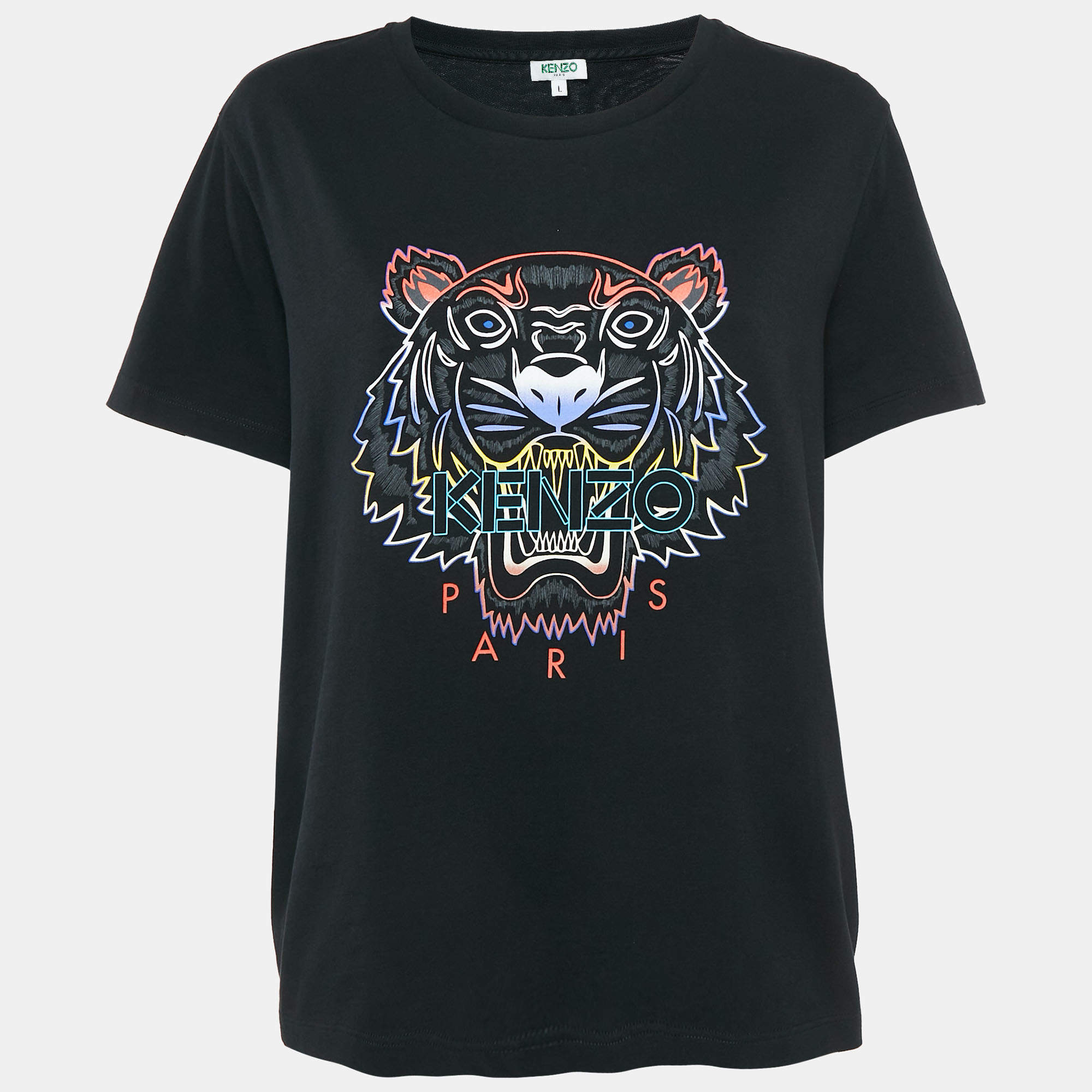 Pre Owned Kenzo Black Tiger Print Cotton Crew Neck T-Shirt L