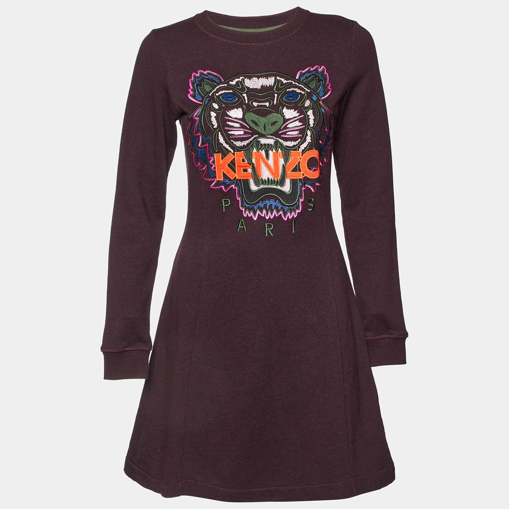 Pre Owned Kenzo Purple Tiger Embroidered Cotton Mini Dress S