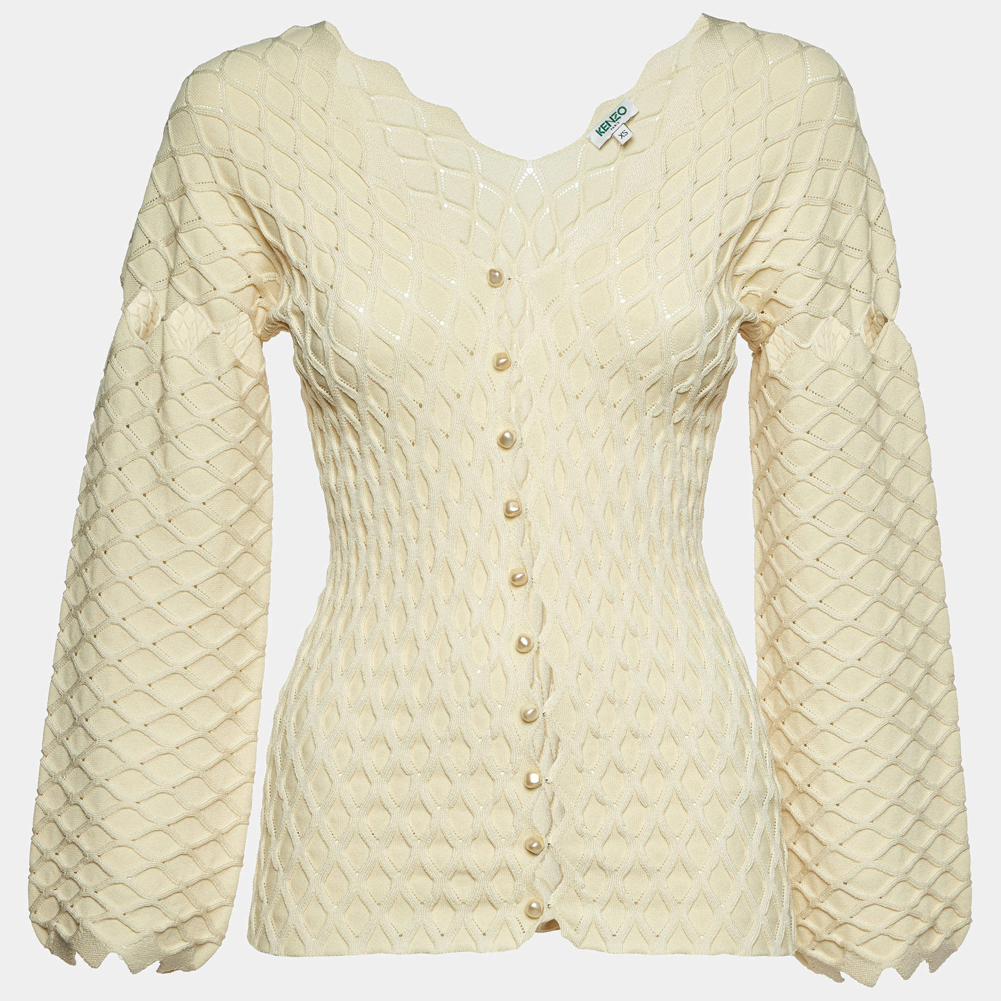 Pre Owned Kenzo Patterned Knit Pearl Button Front Cardigan XS