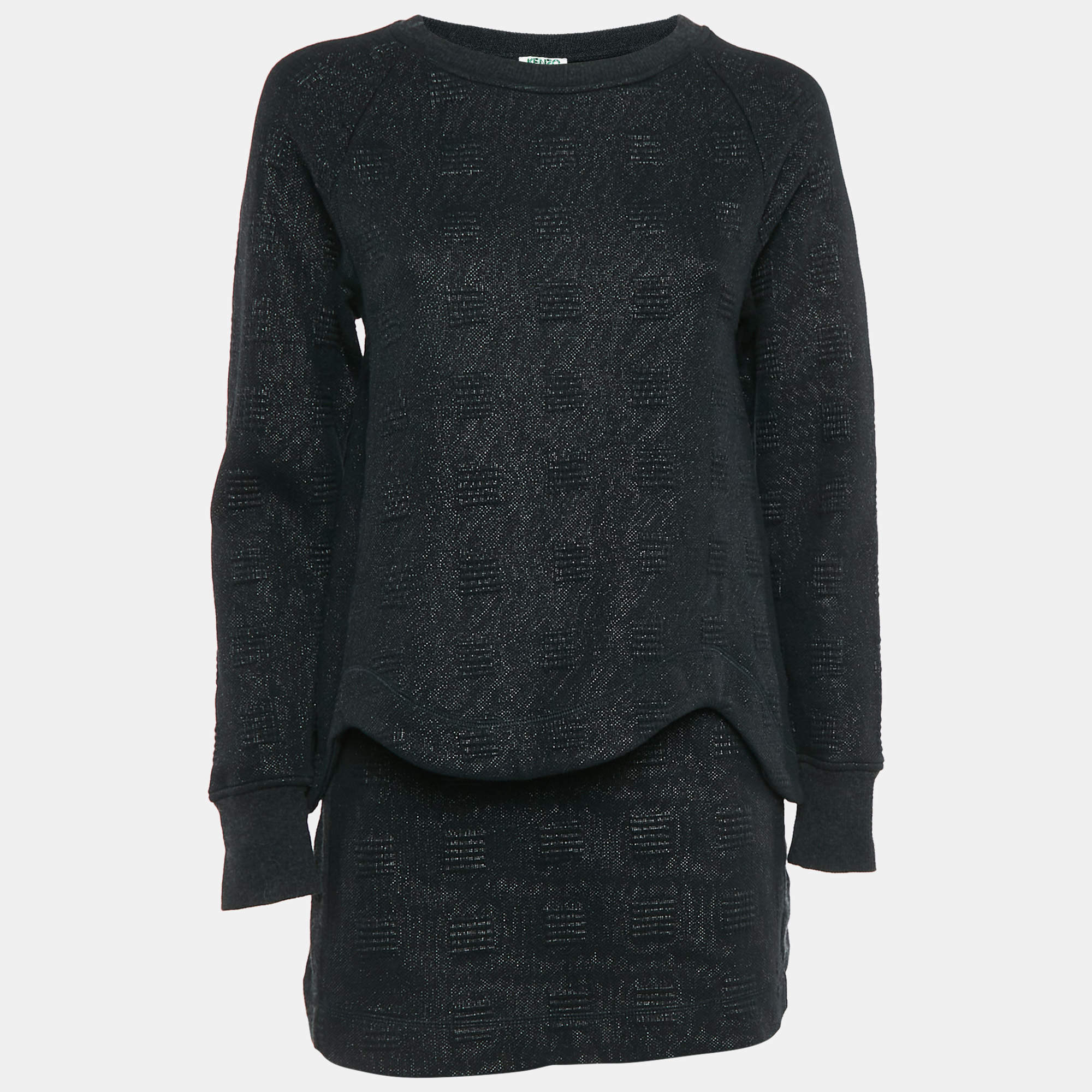 مملوكة مسبقًا Kenzo Black Textured Lurex Knit Skirt & Sweatshirt Set S