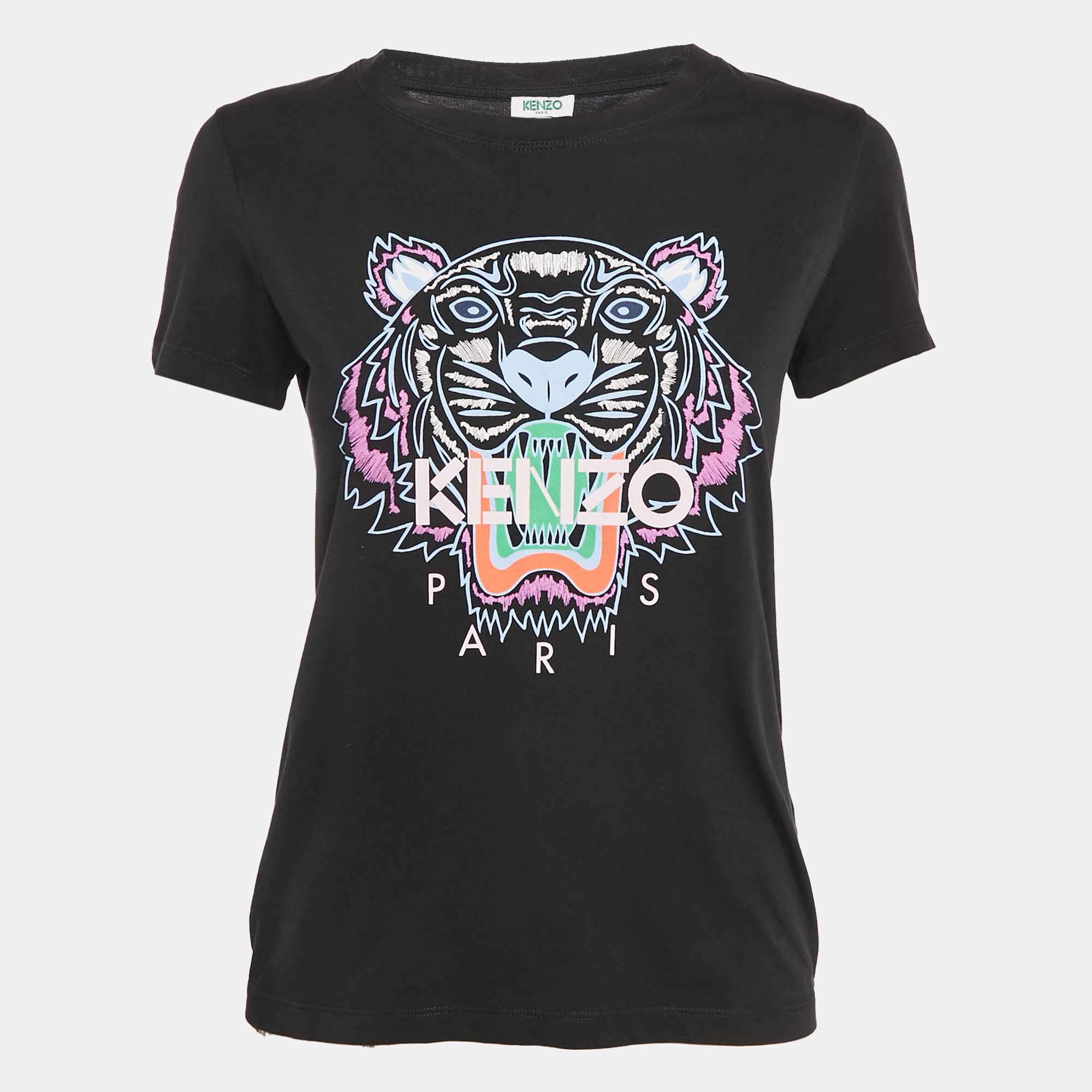 Pre Owned Kenzo Black Tiger Logo Print Jersey Crew Neck T-Shirt S