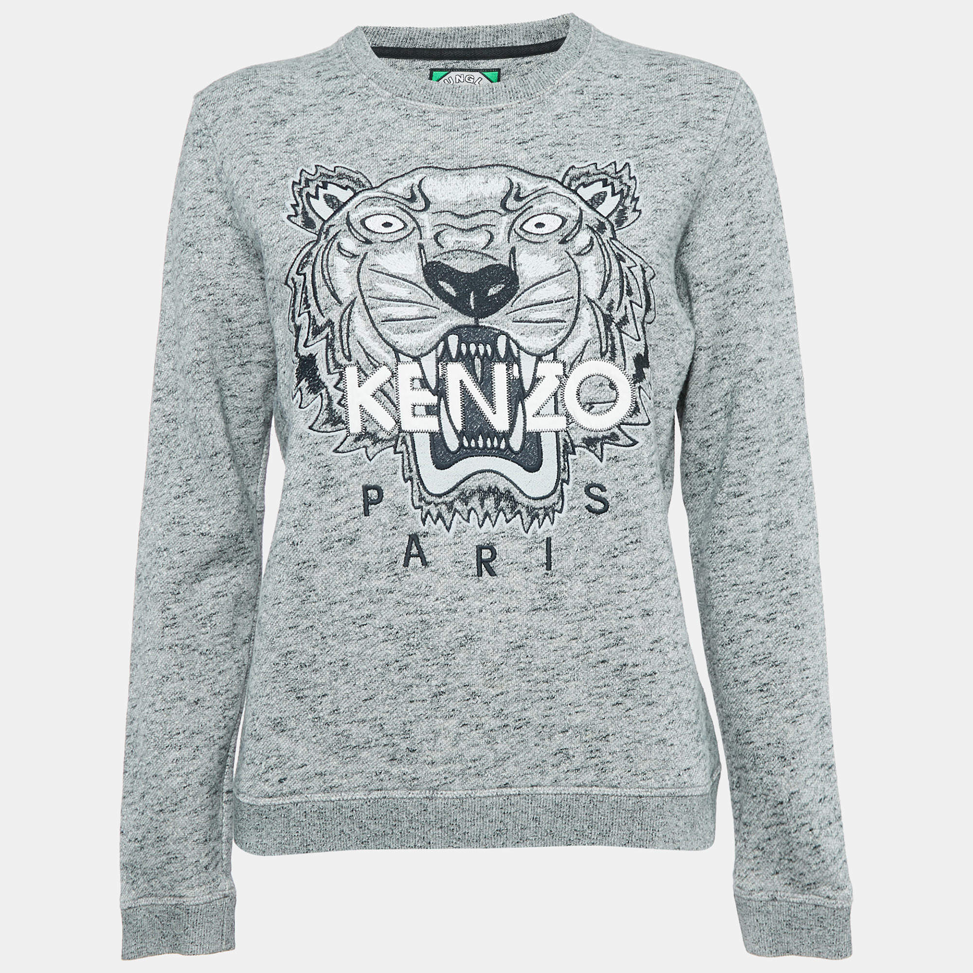 Pre Owned Kenzo Grey Melange Tiger Embroidered Cotton Sweatshirt L
