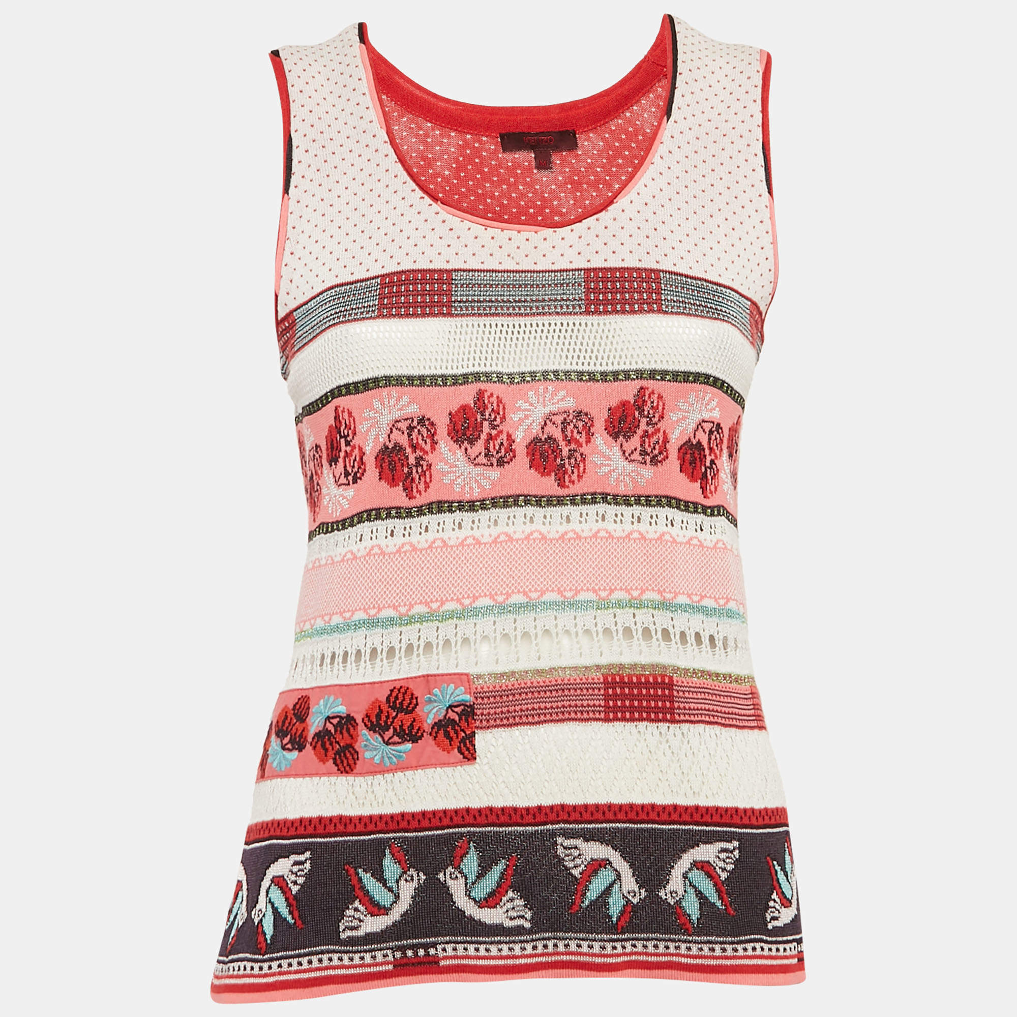 Pre Owned Kenzo Red Intarsia Knit Tank Top M