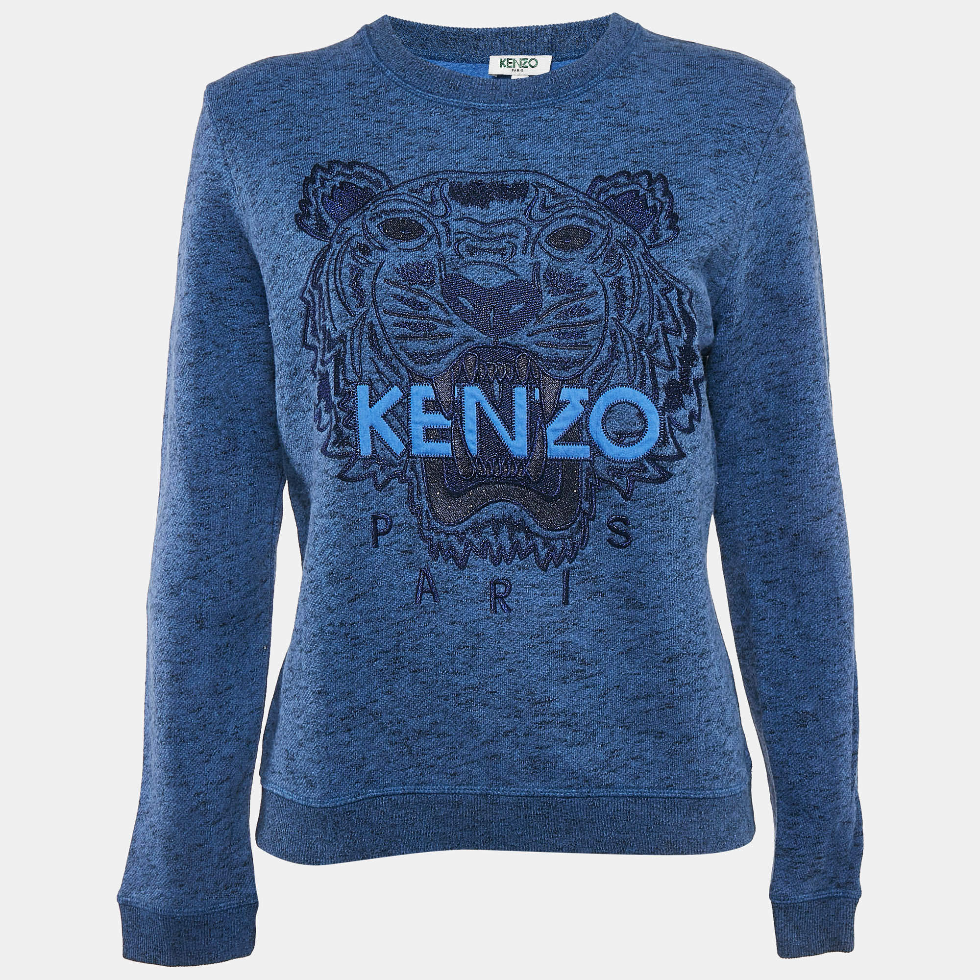 Pre Owned Kenzo Blue Tiger Lurex Embroidery Crew Neck Sweatshirt L