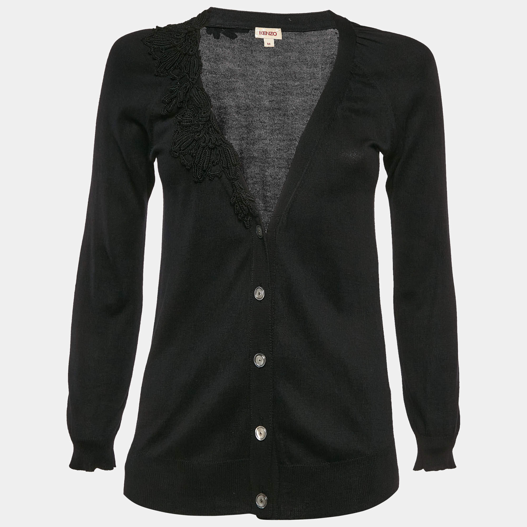 Pre Owned Kenzo Black Silk Blend Button Front Cardigan M