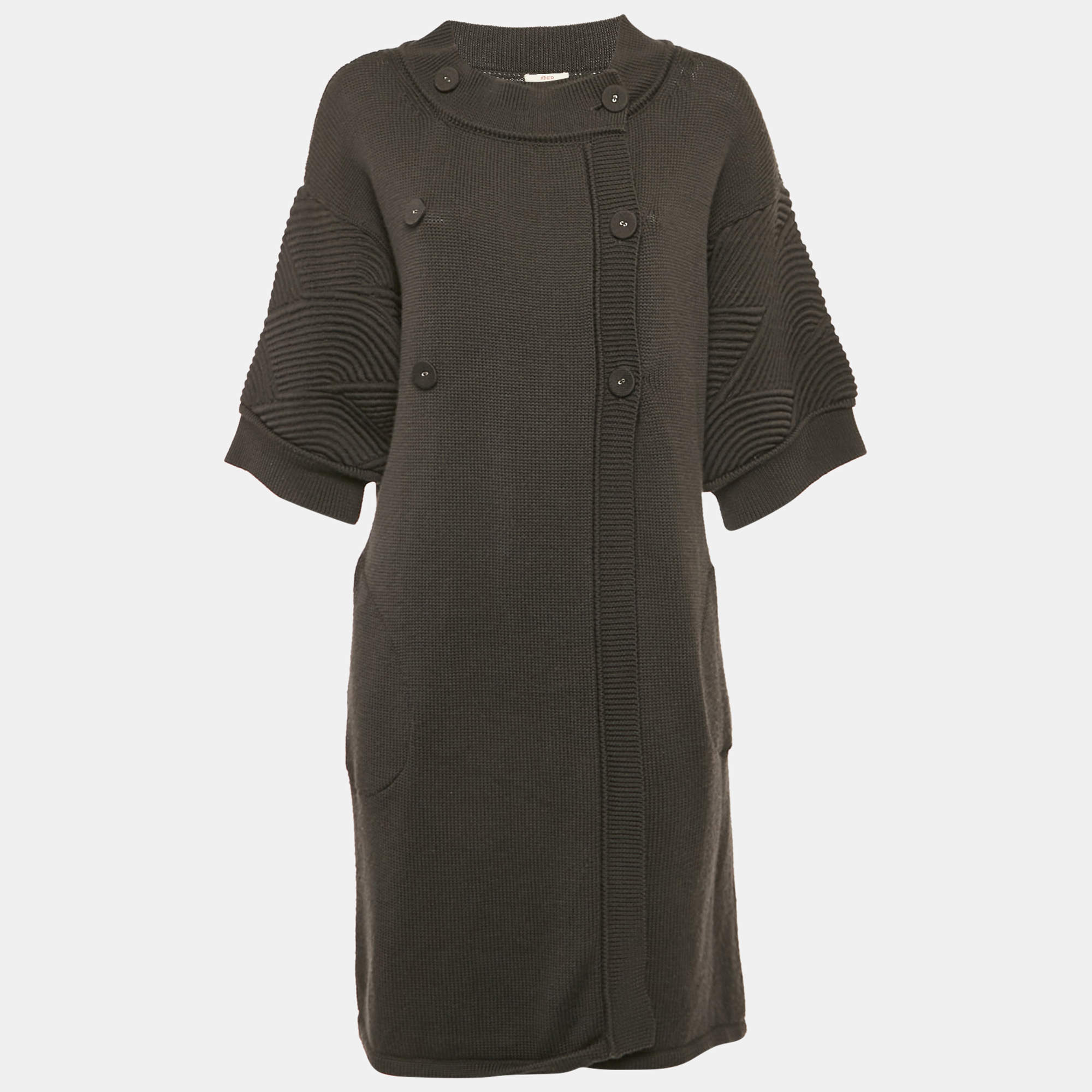 Pre Owned Kenzo Charcoal Grey Knit Double Breasted Long Cardigan S