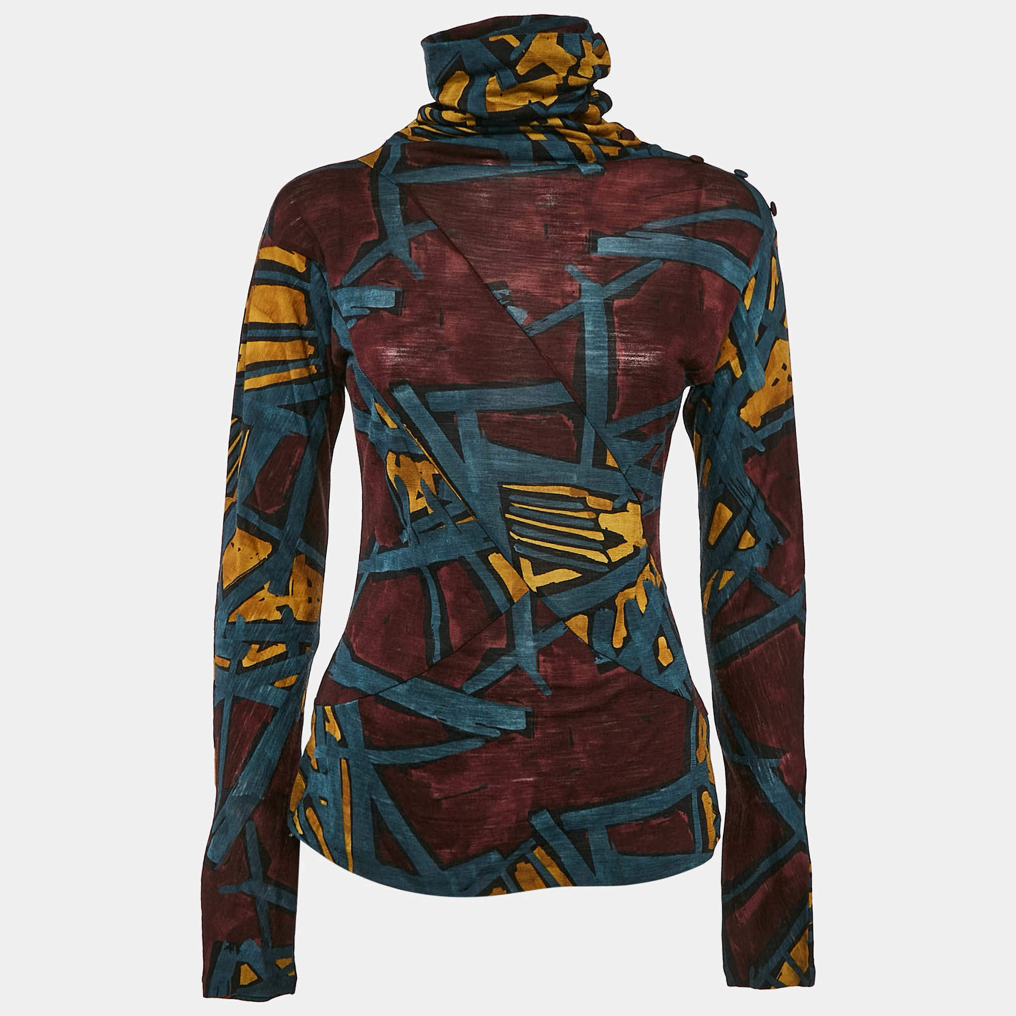 Pre Owned Kenzo Brown/Blue Printed Jersey High Neck Top L
