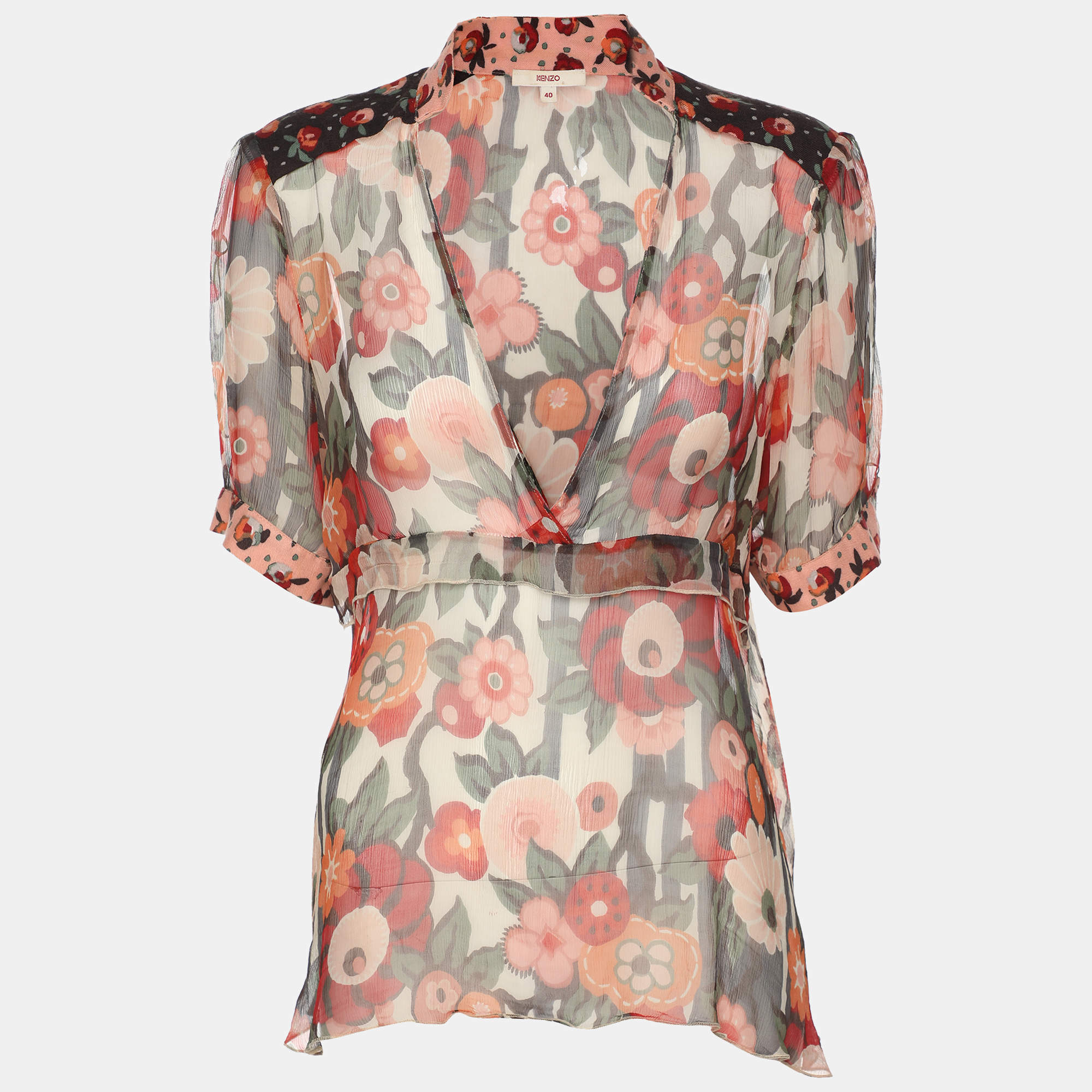 Kenzo Multicolor Knit Floral Print Long Sleeve Blouse M 